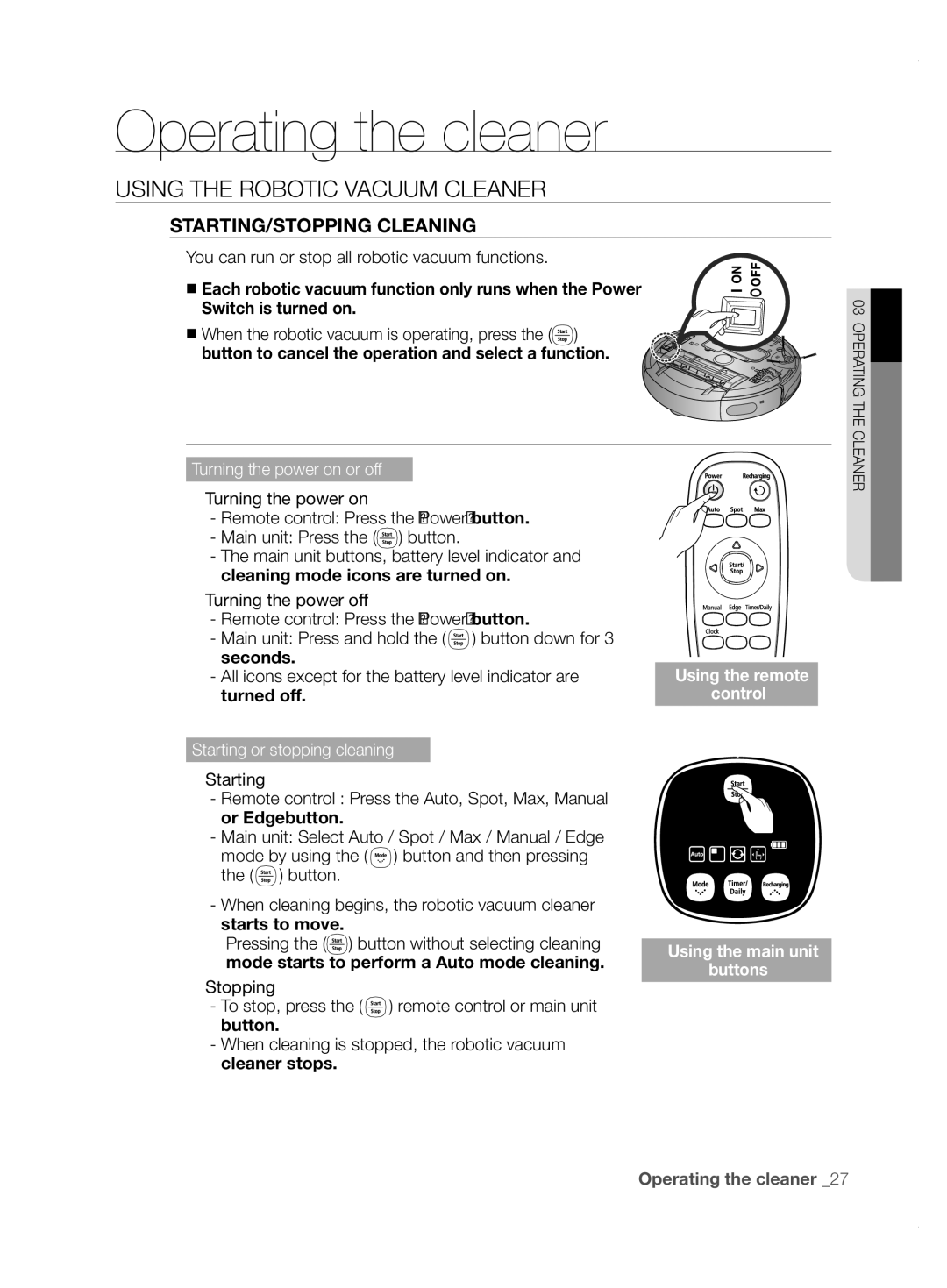 Samsung VCR8855L3B/XEF, VCR8855L3B/XEO, VCR8855L3B/XET manual Using the robotic vacuum cleaner, Starting/Stopping Cleaning 