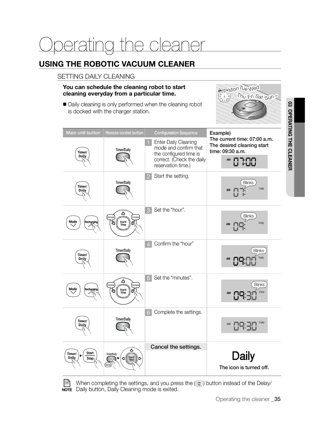 Samsung VCR8855L3B/XEO, VCR8855L3B/XET, VCR8855L3B/XEF, VCR8855L3B/BOL manual Operating the cleaner, Setting Daily Cleaning 