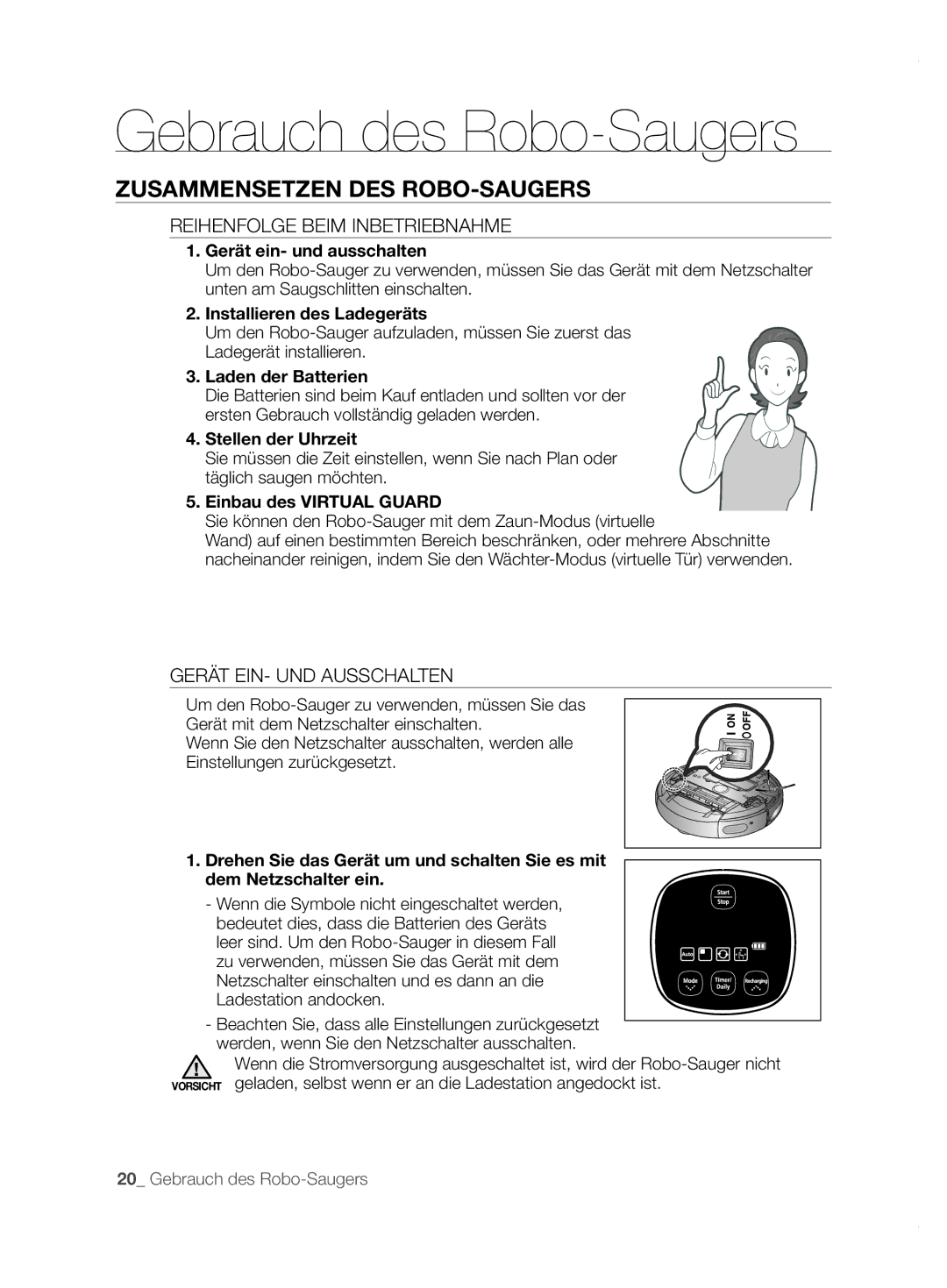 Samsung VCR8855L3B/BOL manual Gebrauch des Robo-Saugers, Zusammensetzen DES ROBO-SAUGERS, Reihenfolge Beim Inbetriebnahme 