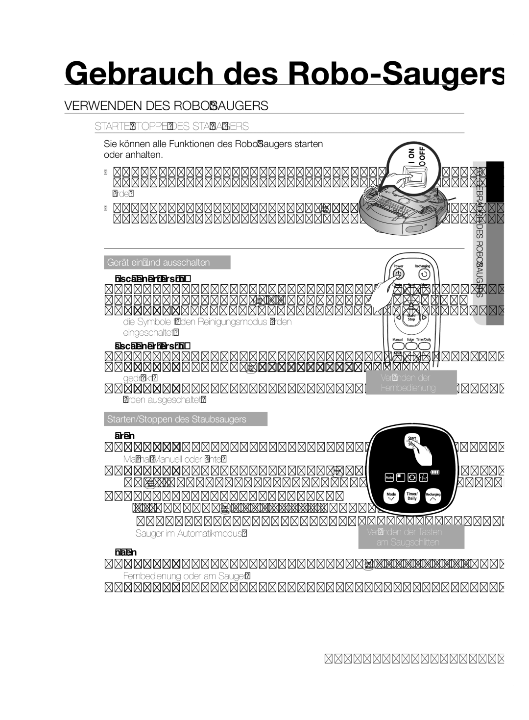 Samsung VCR8855L3B/XEO, VCR8855L3B/XET, VCR8855L3B/XEF manual Verwenden DES ROBO-SAUGERS, STARTEN/STOPPEN DES Staubsaugers 