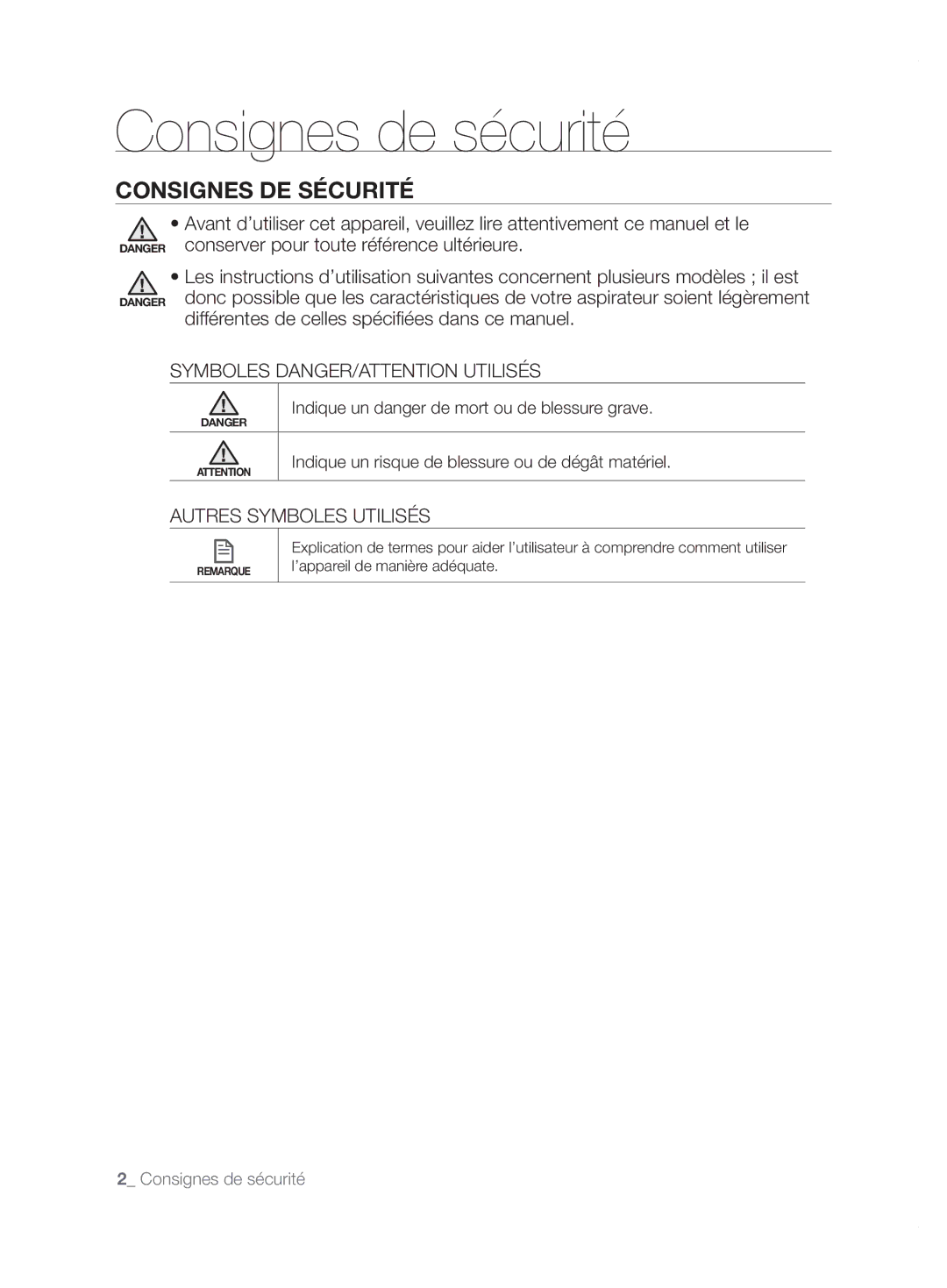 Samsung VCR8855L3B/BOL, VCR8855L3B/XEO Consignes de sécurité, Consignes DE Sécurité, Symboles DANGER/ATTENTION Utilisés 