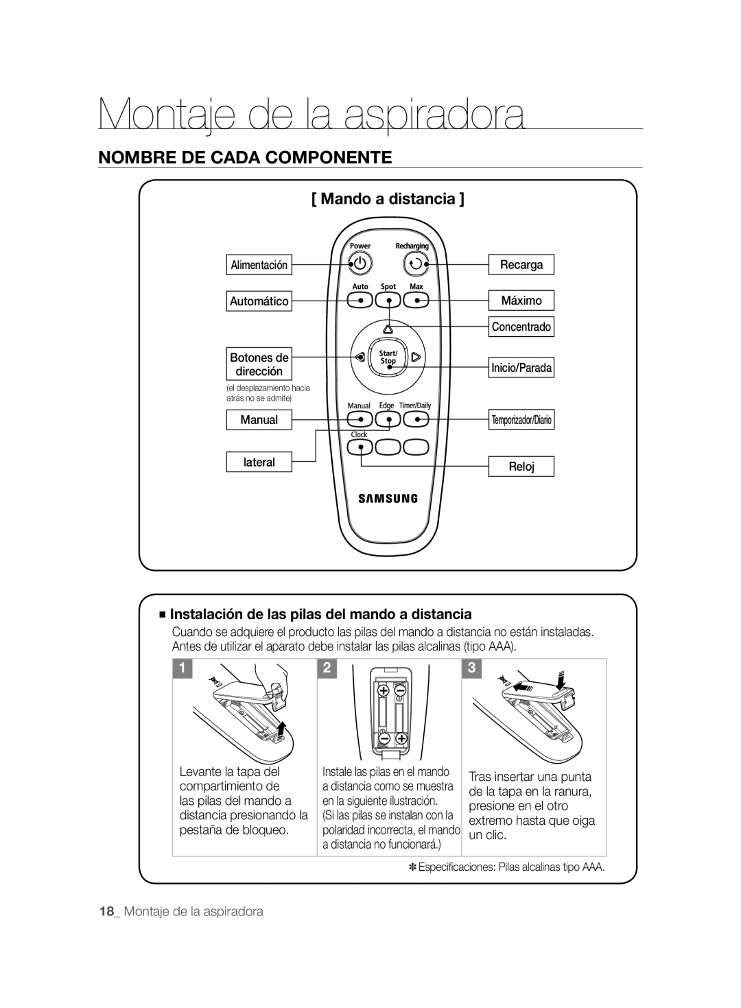 Samsung VCR8857L3R/XEF manual Mando a distancia, Instalación de las pilas del mando a distancia 