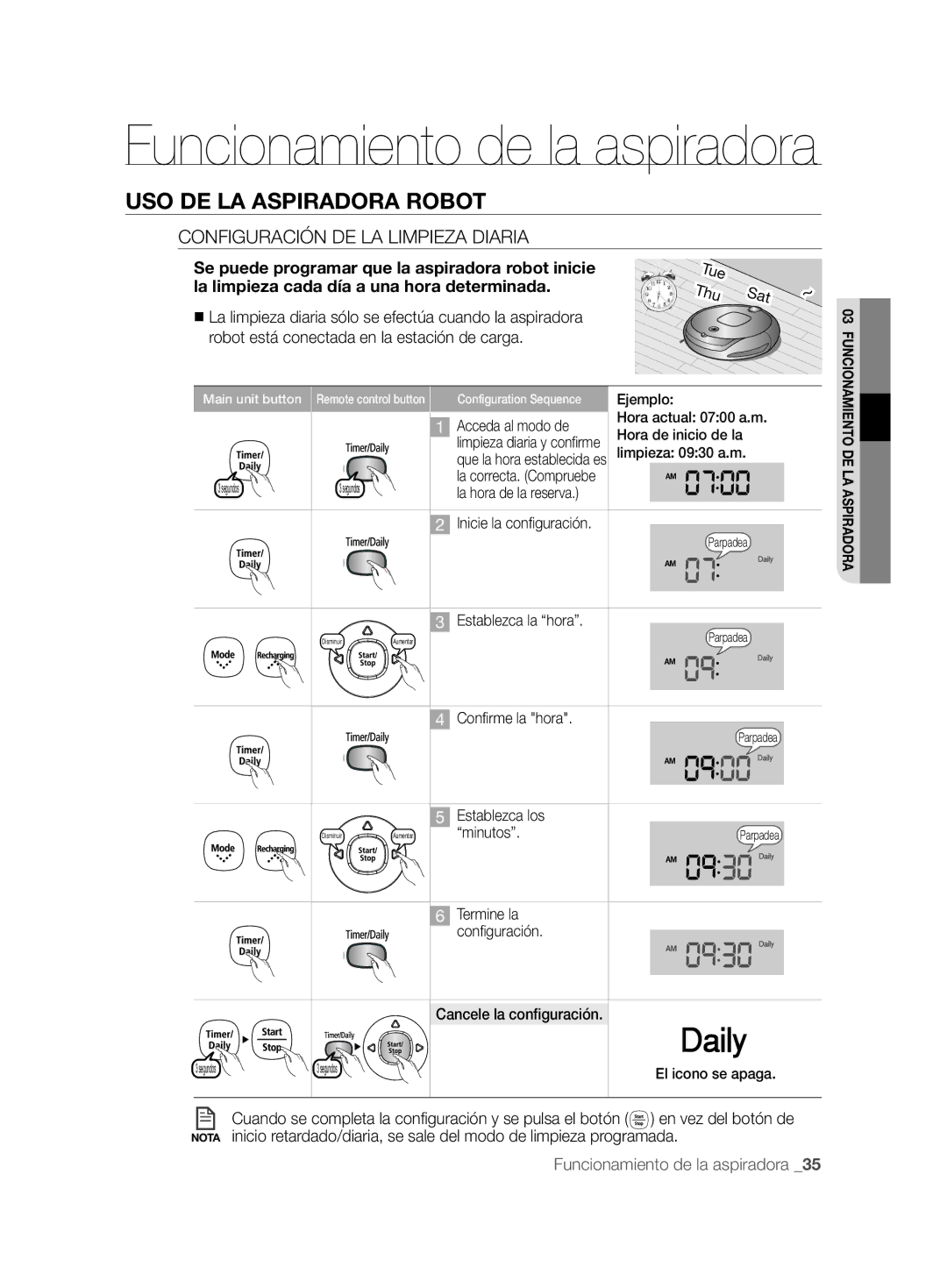 Samsung VCR8857L3R/XEF manual Configuración DE LA Limpieza Diaria, Se puede programar que la aspiradora robot inicie 