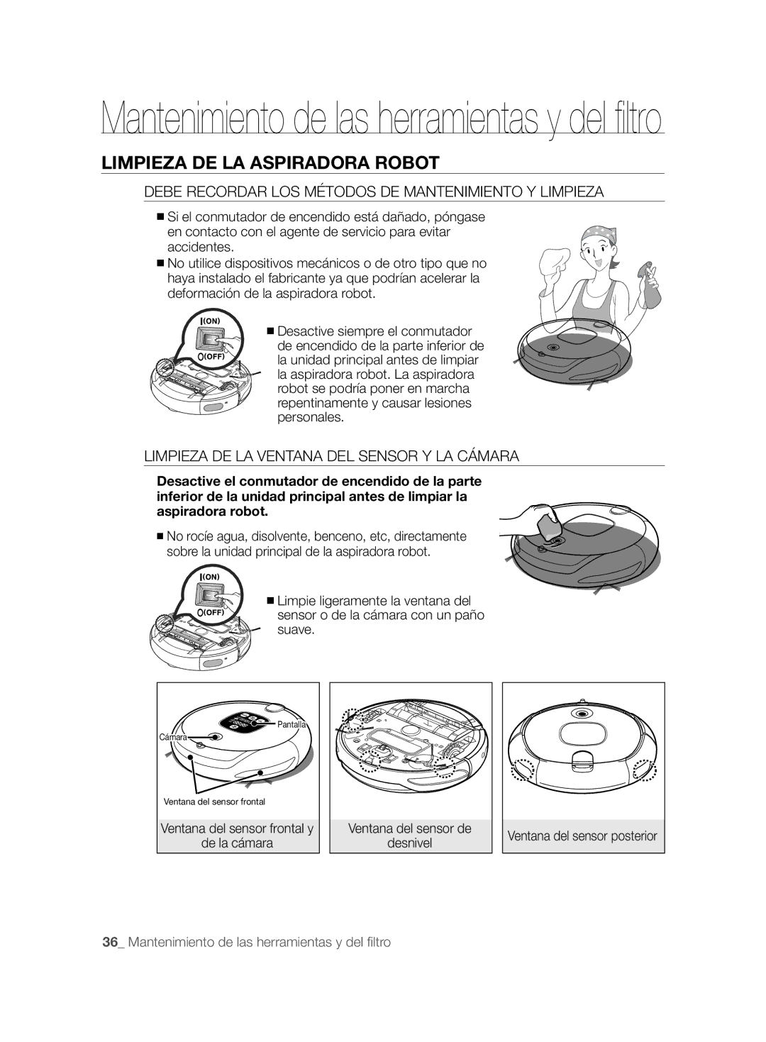 Samsung VCR8857L3R/XEF manual Limpieza DE LA Aspiradora Robot, Debe Recordar LOS Métodos DE Mantenimiento Y Limpieza 