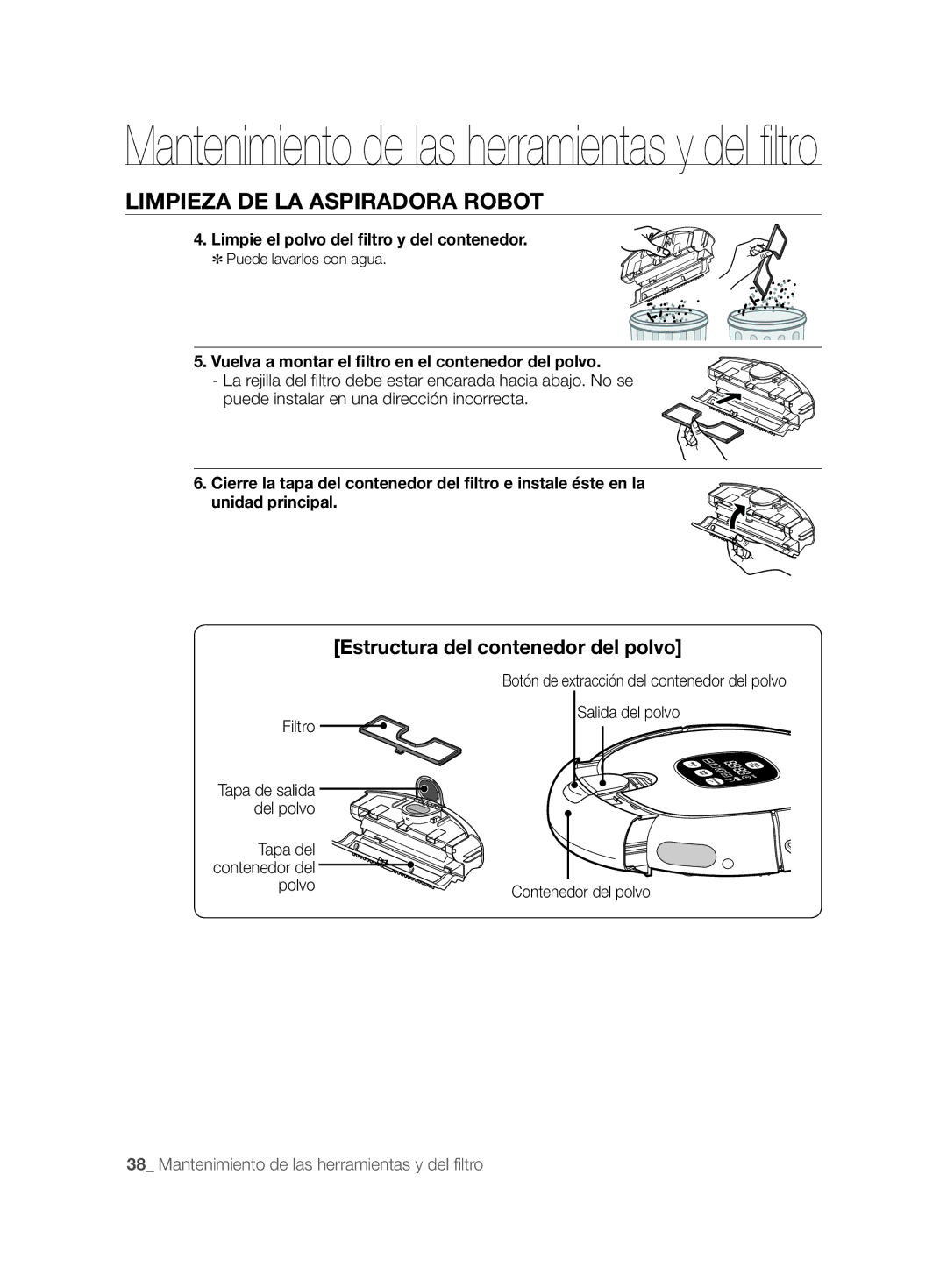 Samsung VCR8857L3R/XEF manual Estructura del contenedor del polvo, Limpie el polvo del ﬁltro y del contenedor 