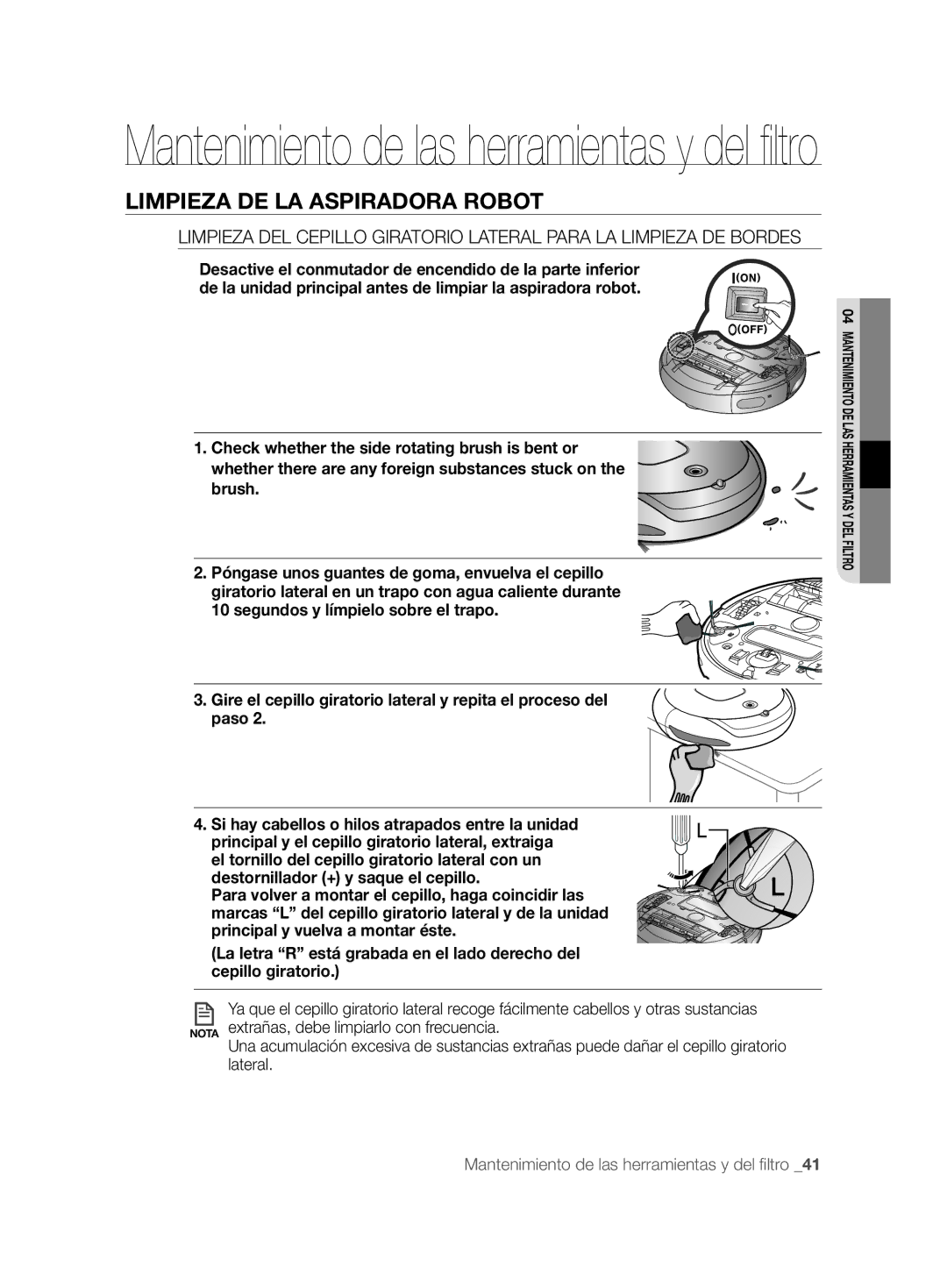 Samsung VCR8857L3R/XEF manual Mantenimiento de las herramientas y del ﬁltro 