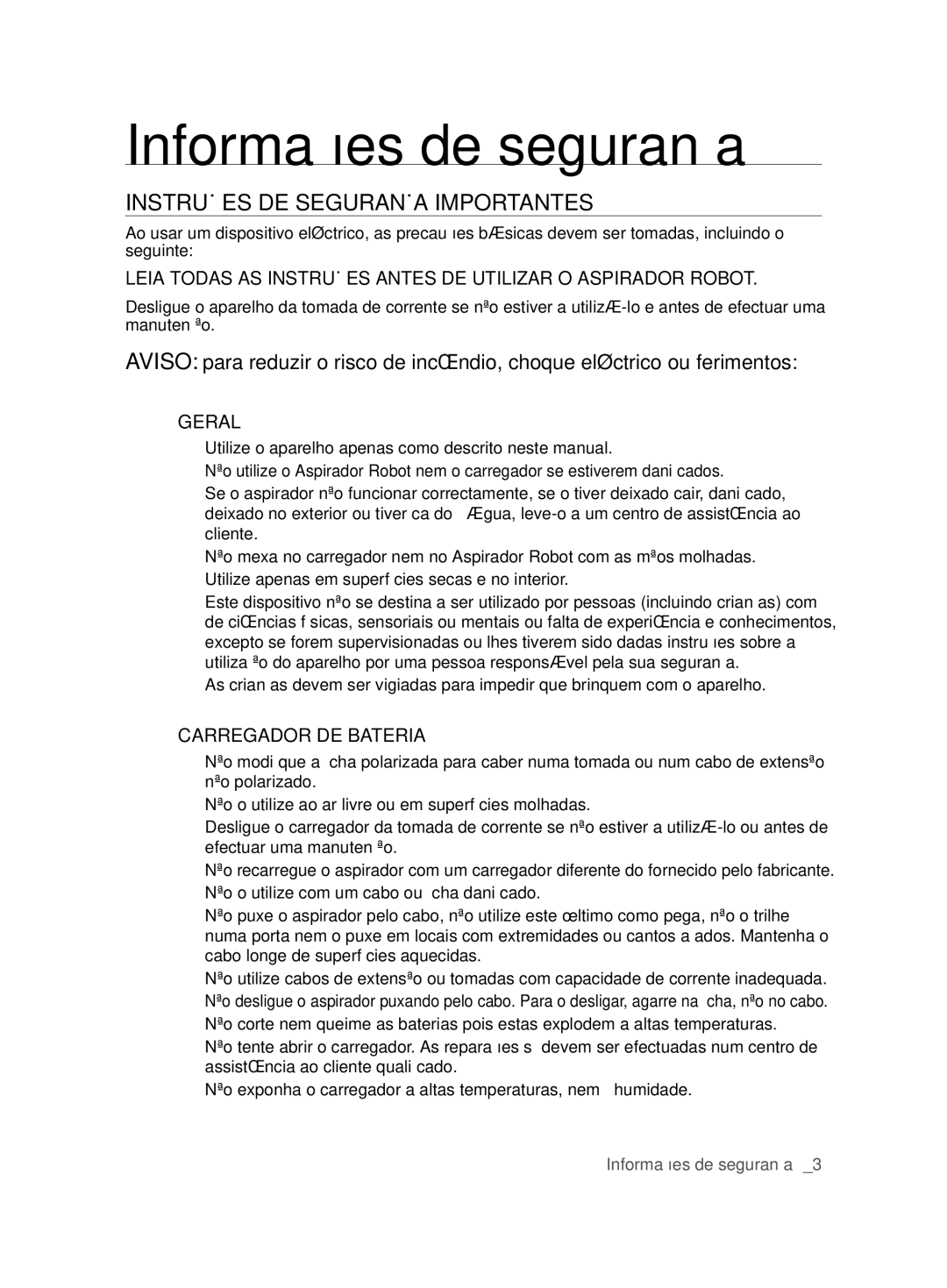 Samsung VCR8857L3R/XEF manual Instruções DE Segurança Importantes, Geral, Carregador DE Bateria 