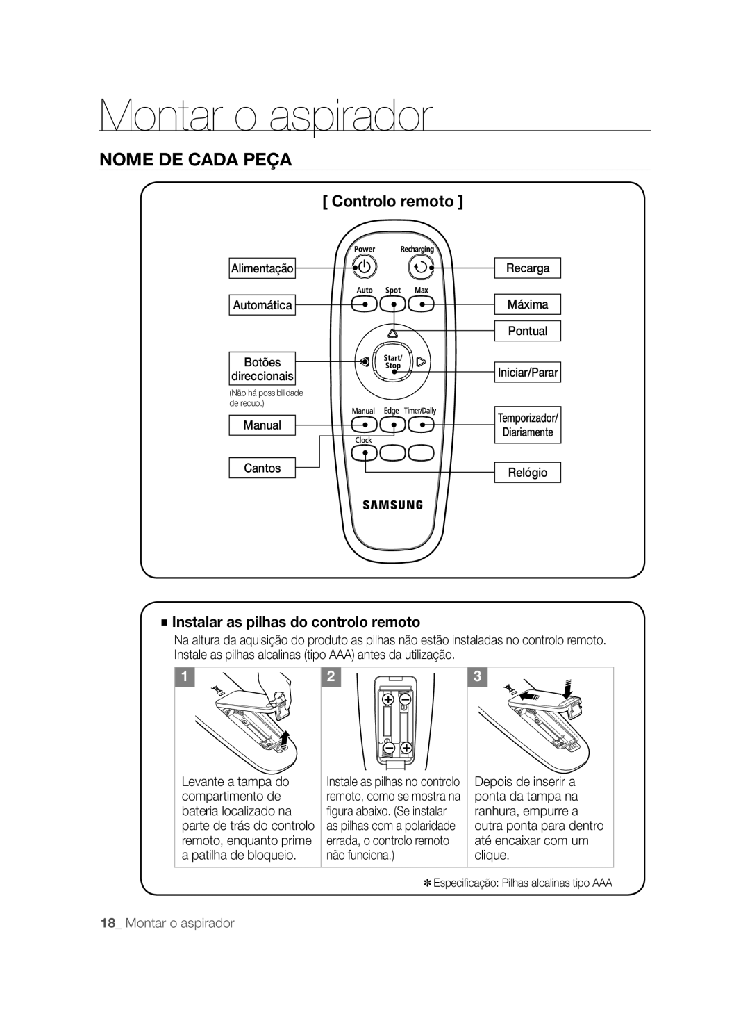 Samsung VCR8857L3R/XEF manual Controlo remoto, Instalar as pilhas do controlo remoto 