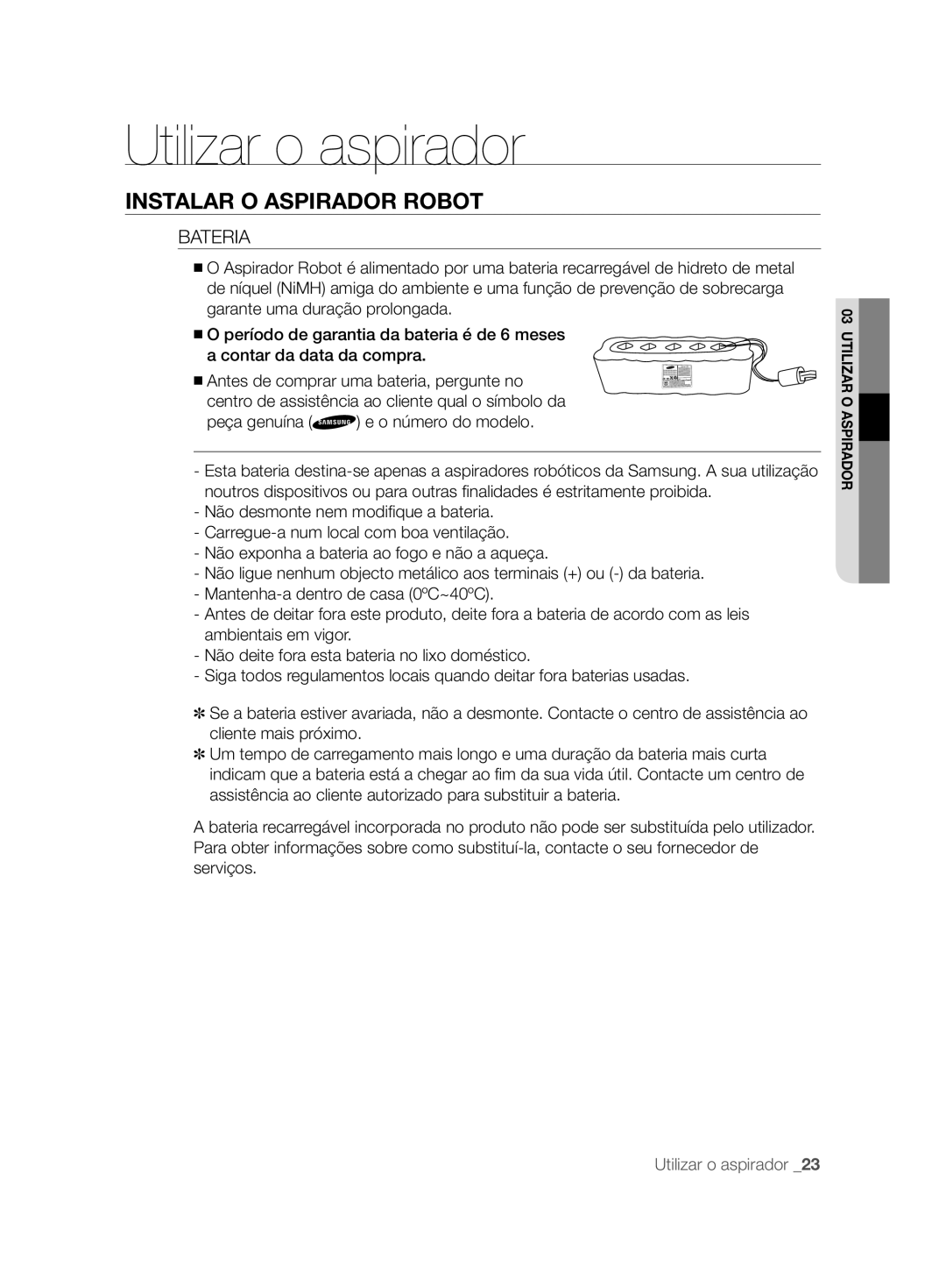 Samsung VCR8857L3R/XEF manual Bateria, Peça genuína e o número do modelo 