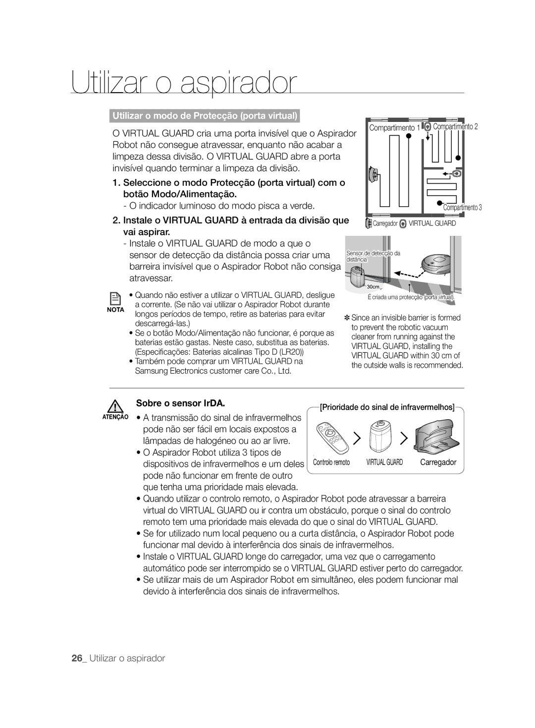 Samsung VCR8857L3R/XEF manual Sobre o sensor IrDA, Pode não funcionar em frente de outro 