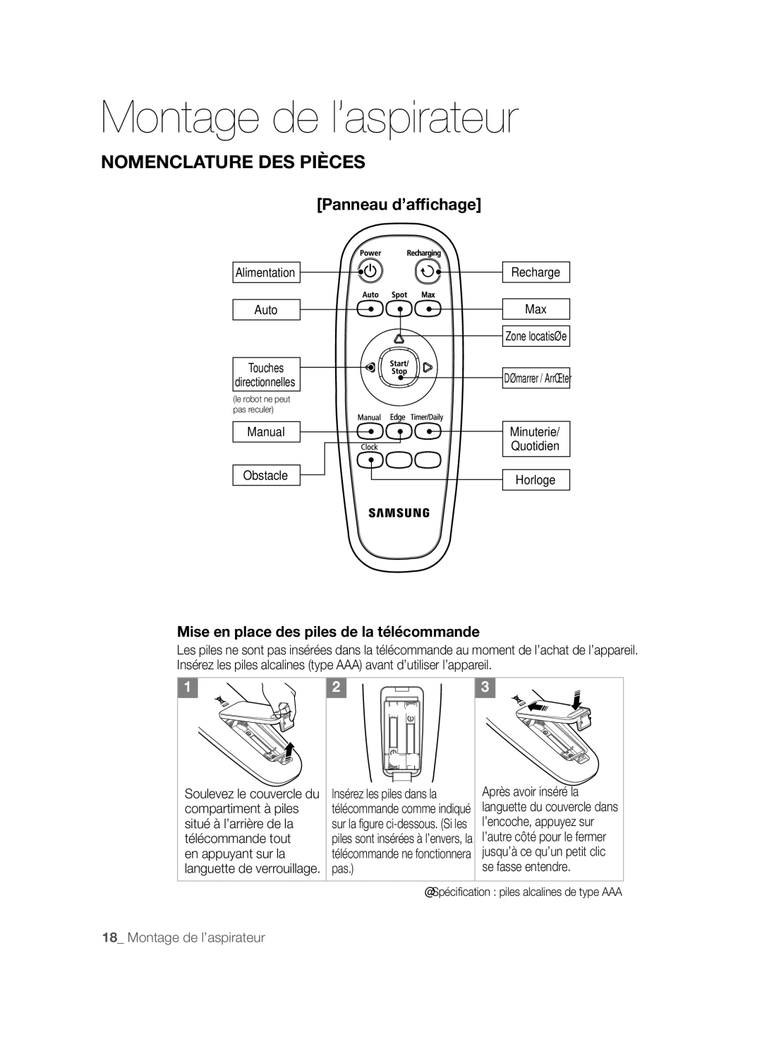 Samsung VCR8857L3R/XEF manual Panneau d’afﬁchage, Mise en place des piles de la télécommande 