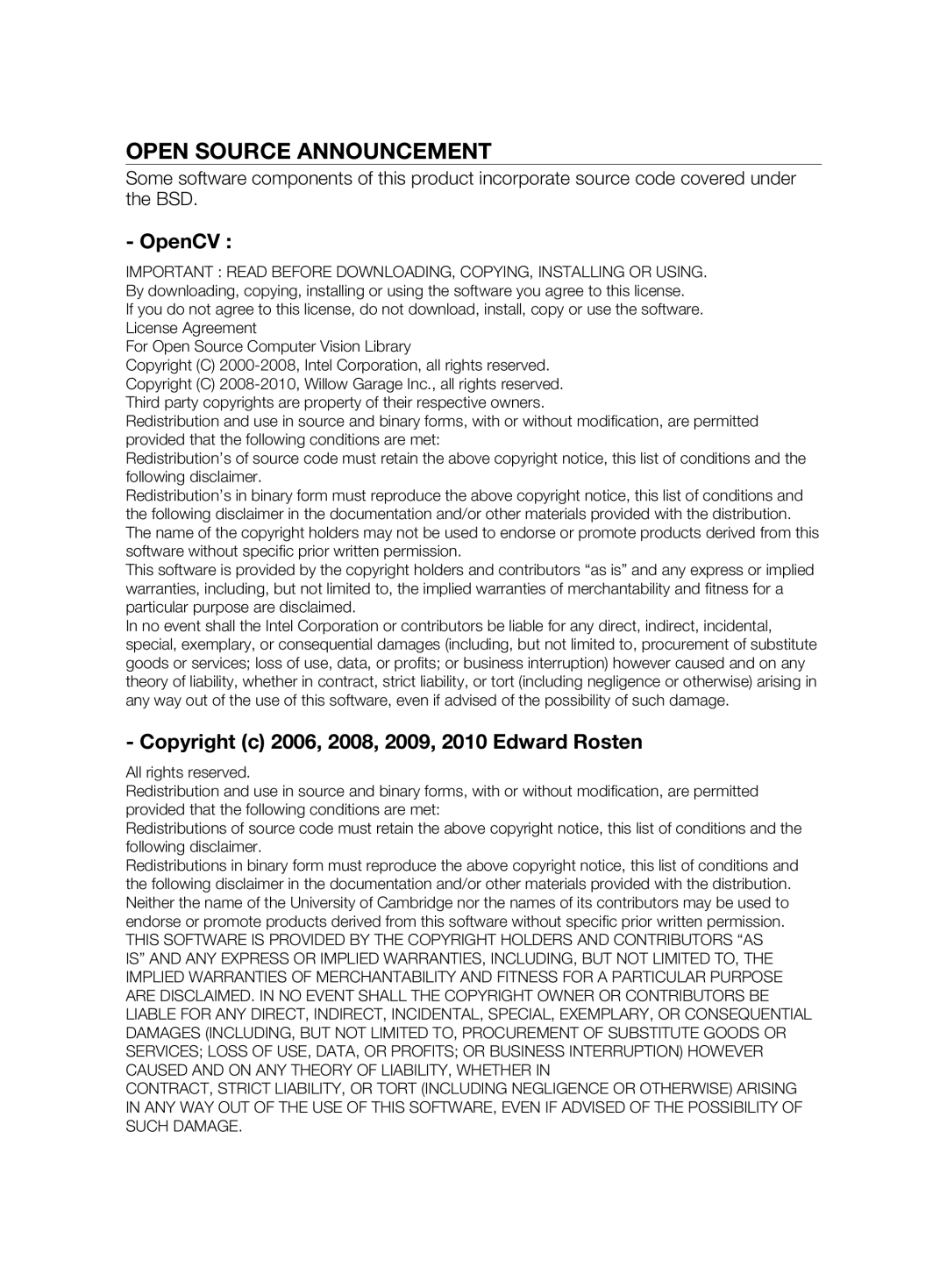 Samsung VCR8857L3R/XEF manual Open Source Announcement, OpenCV, Copyright c 2006, 2008, 2009, 2010 Edward Rosten 