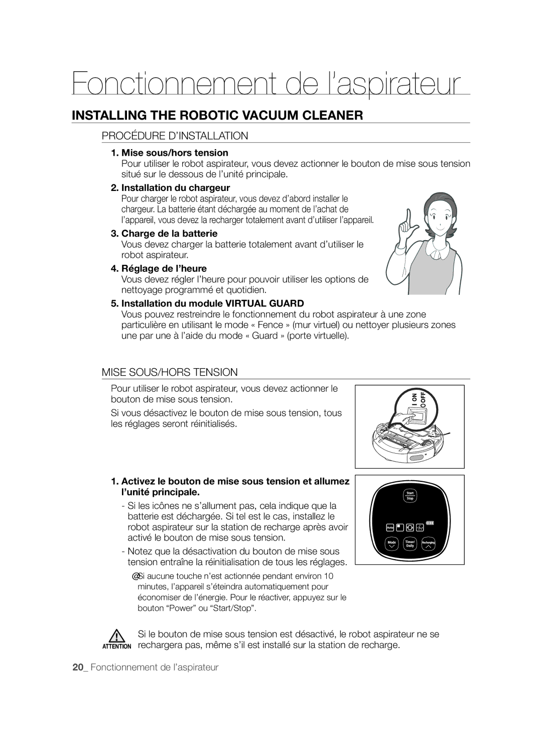 Samsung VCR8857L3R/XEF Fonctionnement de l’aspirateur, Installing the Robotic Vacuum Cleaner, Procédure D’INSTALLATION 