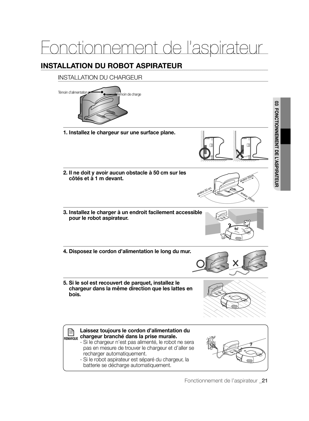 Samsung VCR8857L3R/XEF manual Installation DU Robot Aspirateur, Installation DU Chargeur 