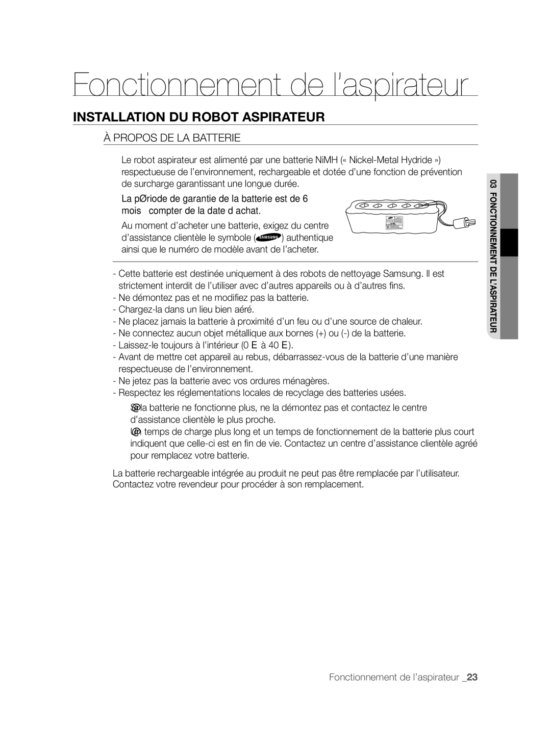 Samsung VCR8857L3R/XEF manual Propos DE LA Batterie 