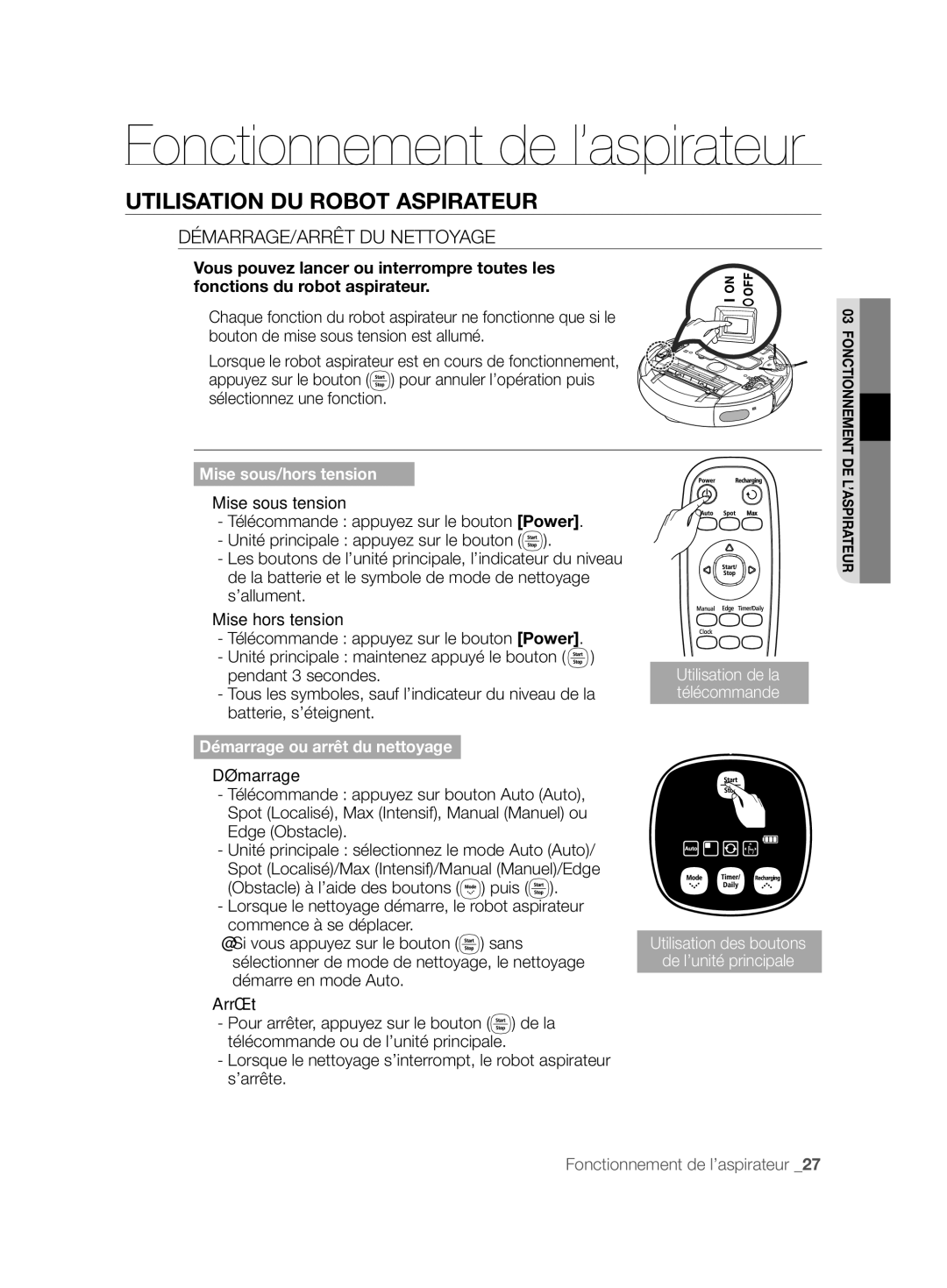 Samsung VCR8857L3R/XEF manual Utilisation DU Robot Aspirateur, DÉMARRAGE/ARRÊT DU Nettoyage 