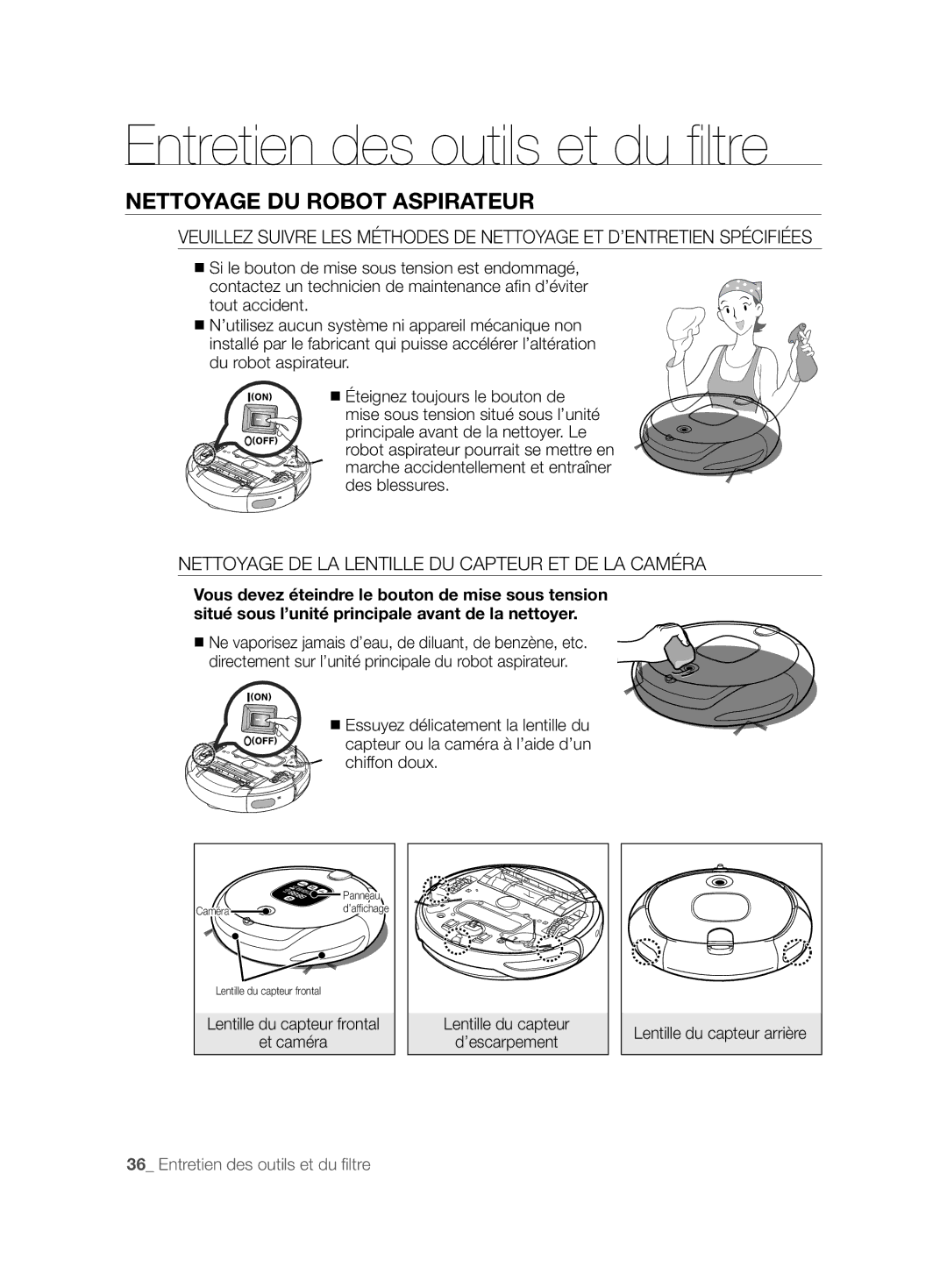 Samsung VCR8857L3R/XEF manual Entretien des outils et du ﬁ ltre, Nettoyage DU Robot Aspirateur, Lentille du capteur arrière 