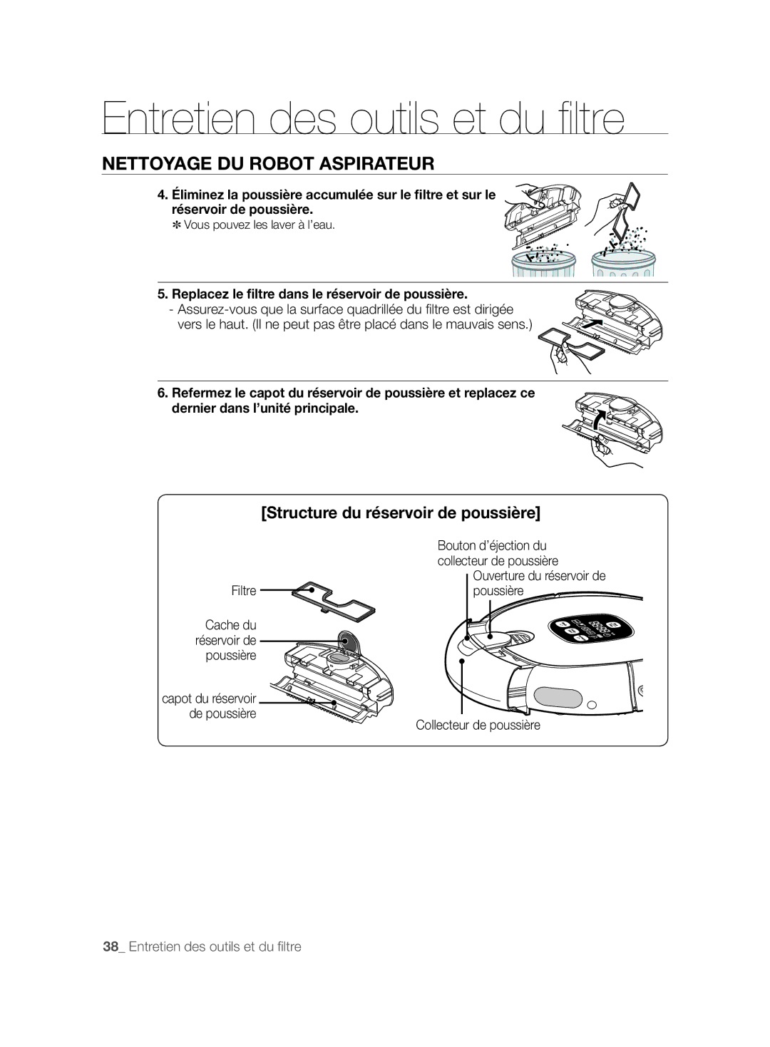 Samsung VCR8857L3R/XEF manual Structure du réservoir de poussière, Replacez le ﬁltre dans le réservoir de poussière 