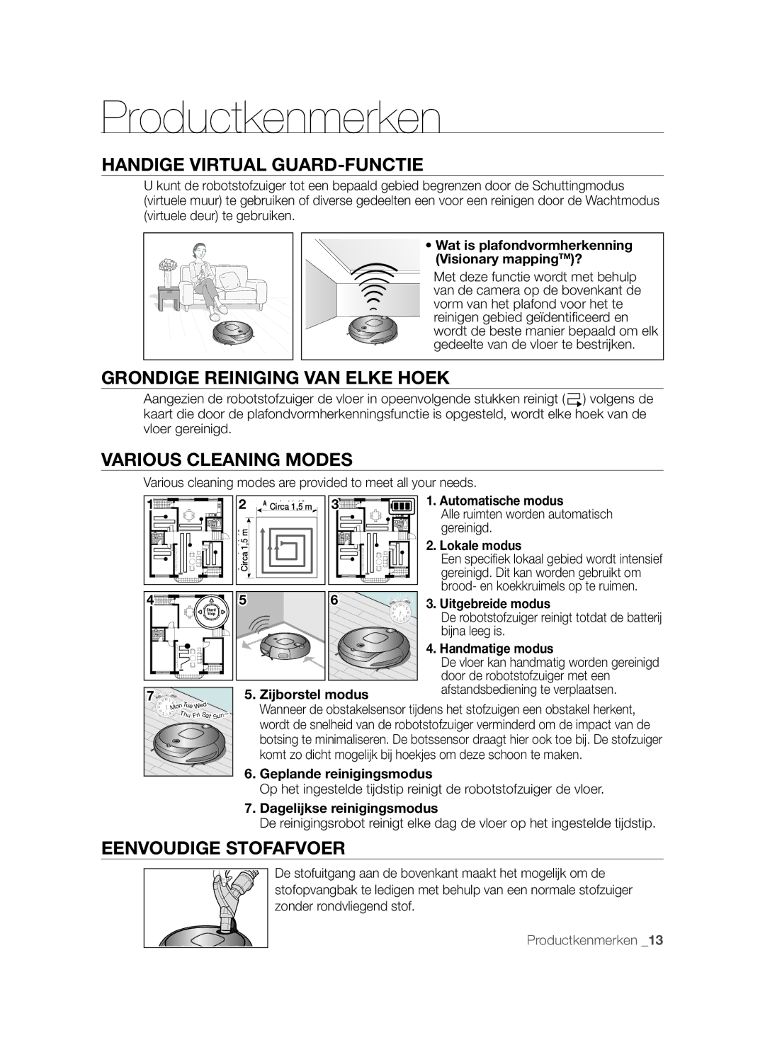 Samsung VCR8857L3R/XEF manual Productkenmerken, Handige Virtual GUARD-FUNCTIE, Grondige Reiniging VAN Elke Hoek 