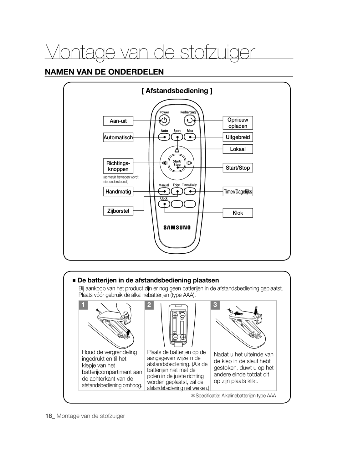 Samsung VCR8857L3R/XEF manual Afstandsbediening, De batterijen in de afstandsbediening plaatsen 