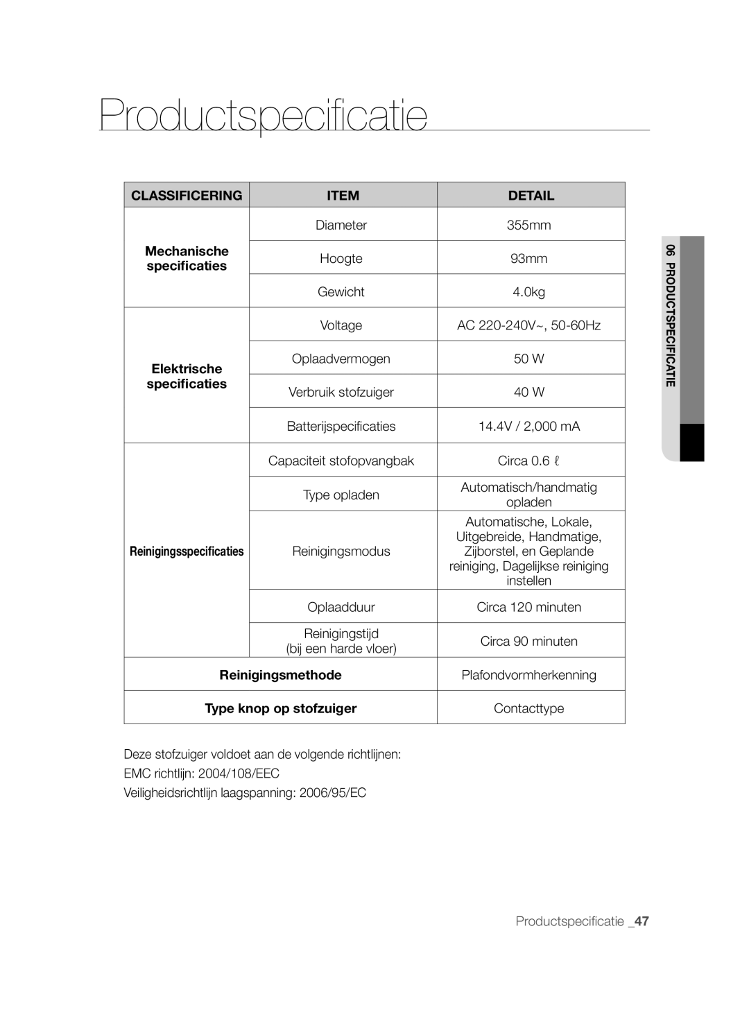 Samsung VCR8857L3R/XEF manual Classificering Detail, Speciﬁcaties 