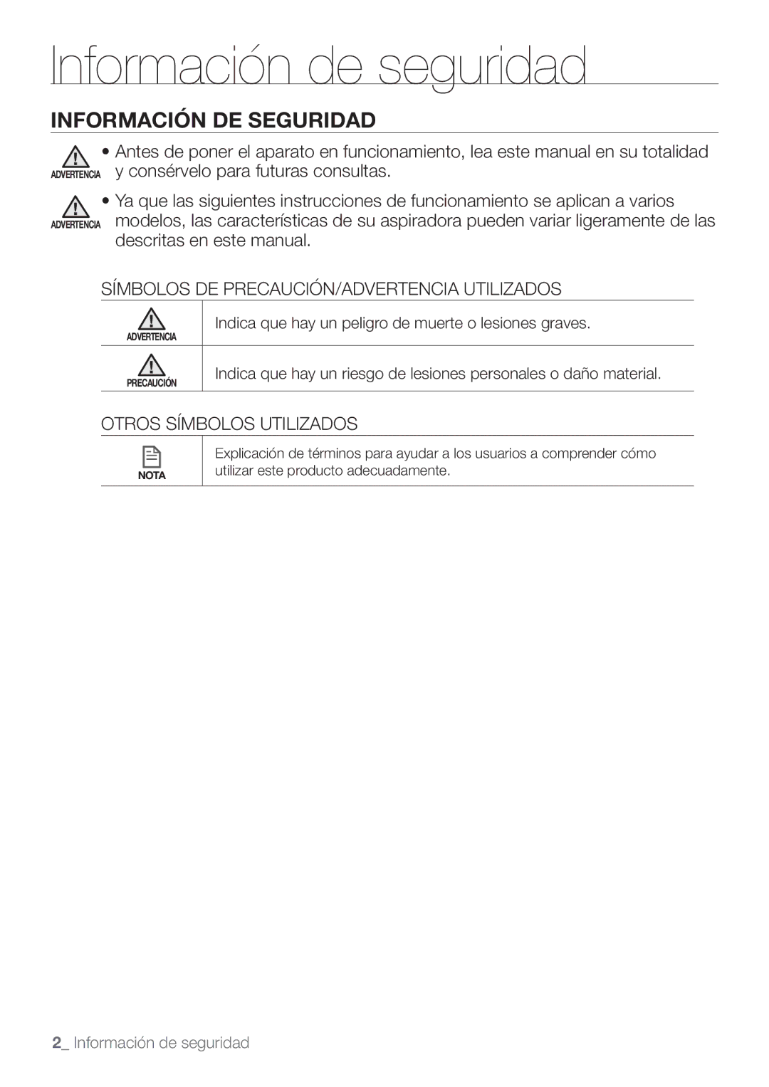 Samsung VCR8874T3B/XEE Información de seguridad, Información DE Seguridad, Símbolos DE PRECAUCIÓN/ADVERTENCIA Utilizados 