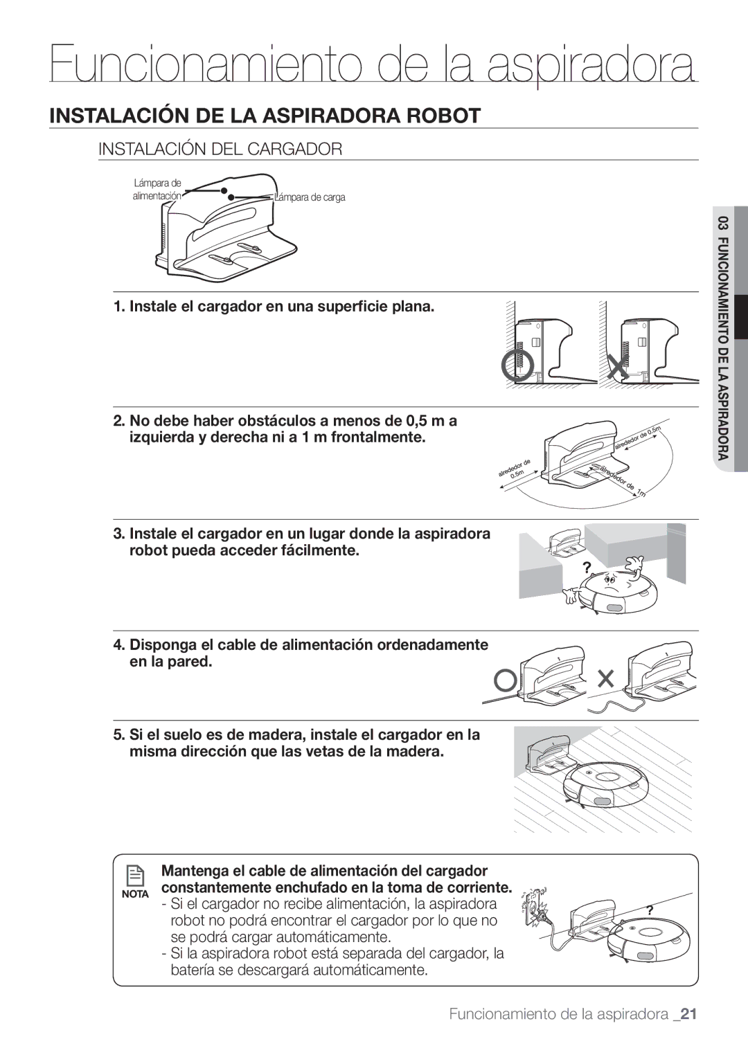 Samsung VCR8874T3B/XEE manual Funcionamiento de la aspiradora, Instalación DEL Cargador 