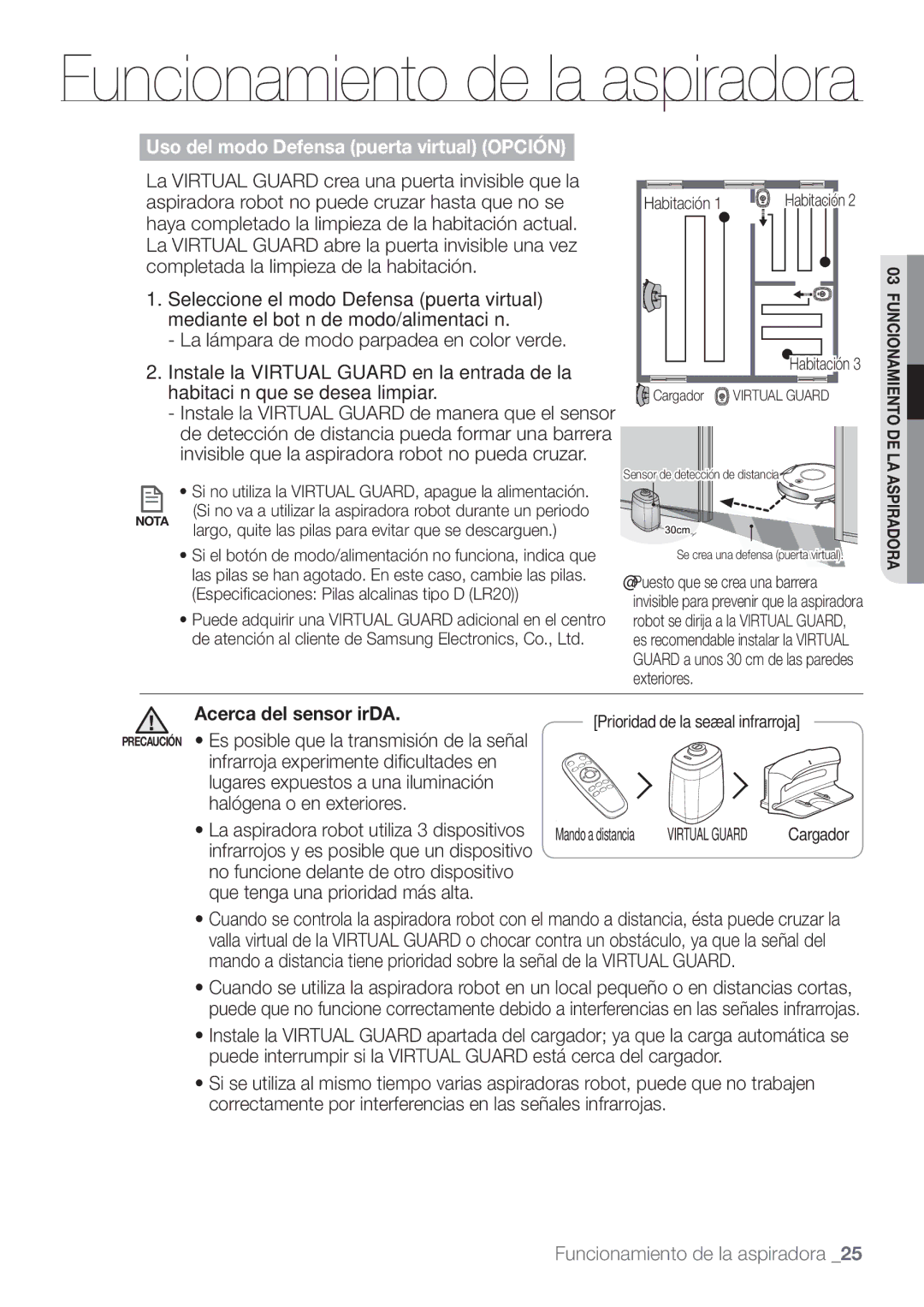 Samsung VCR8874T3B/XEE manual Uso del modo Defensa puerta virtual Opción, Acerca del sensor irDA 