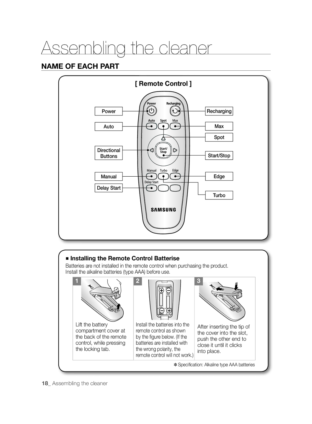 Samsung VCR8874T3B/XET manual Installing the Remote Control Batterise 