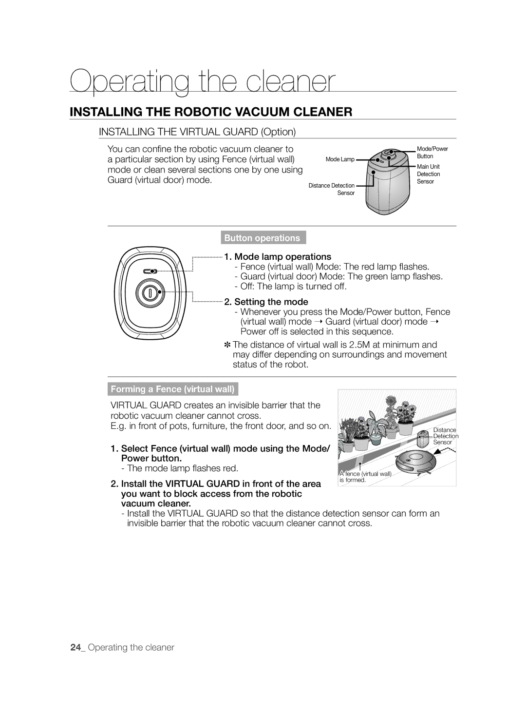 Samsung VCR8874T3B/XET Button operations, Forming a Fence virtual wall, Select Fence virtual wall mode using the Mode 