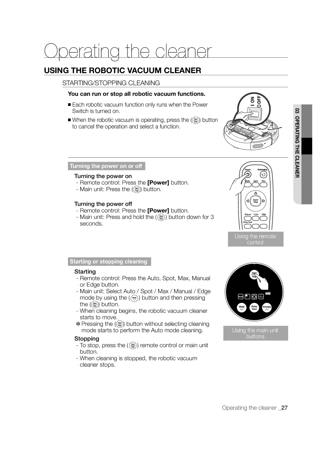 Samsung VCR8874T3B/XET manual STARTING/STOPPING Cleaning, You can run or stop all robotic vacuum functions 