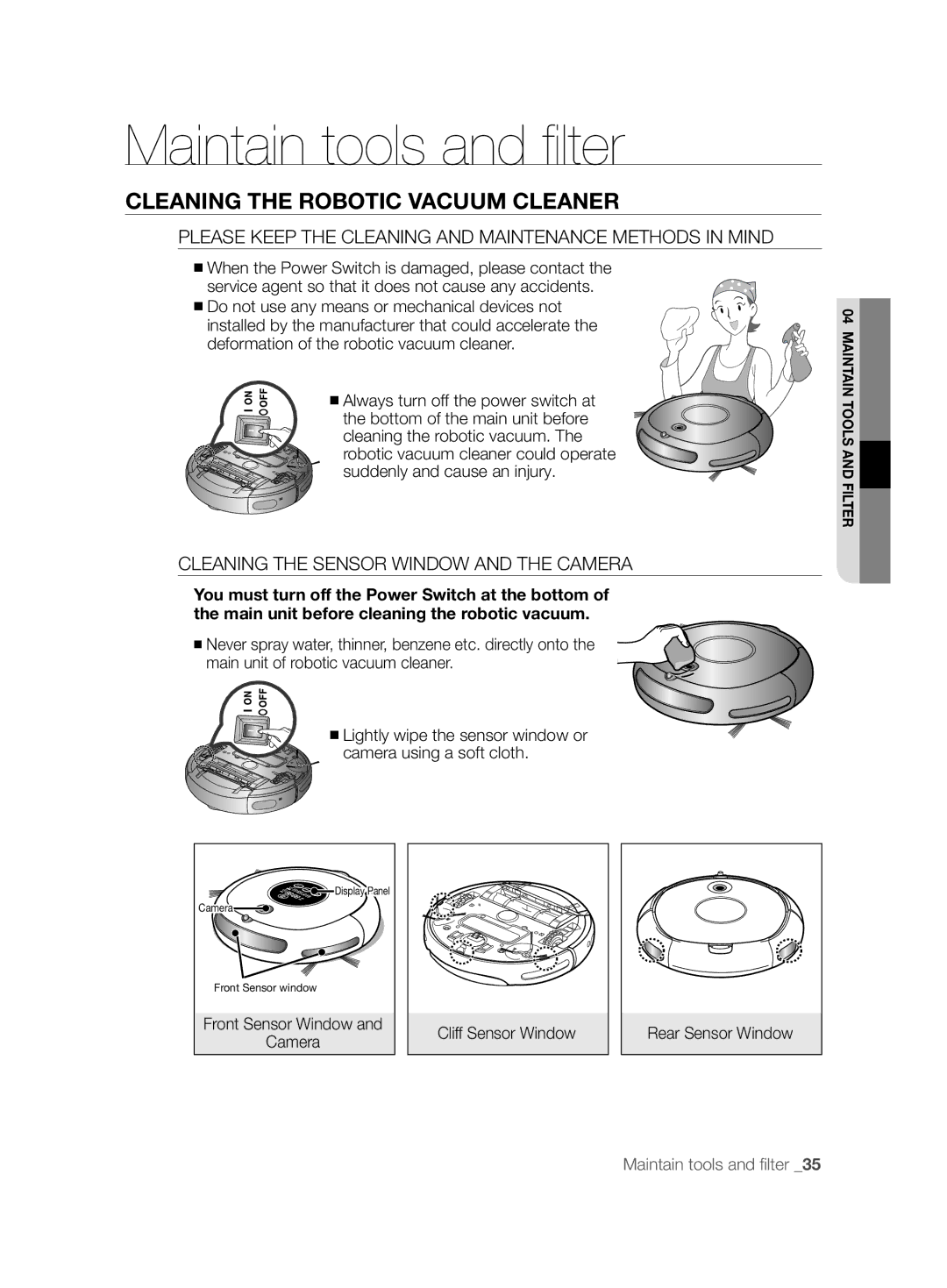 Samsung VCR8874T3B/XET manual Maintain tools and ﬁ lter, Cleaning the Robotic Vacuum Cleaner 