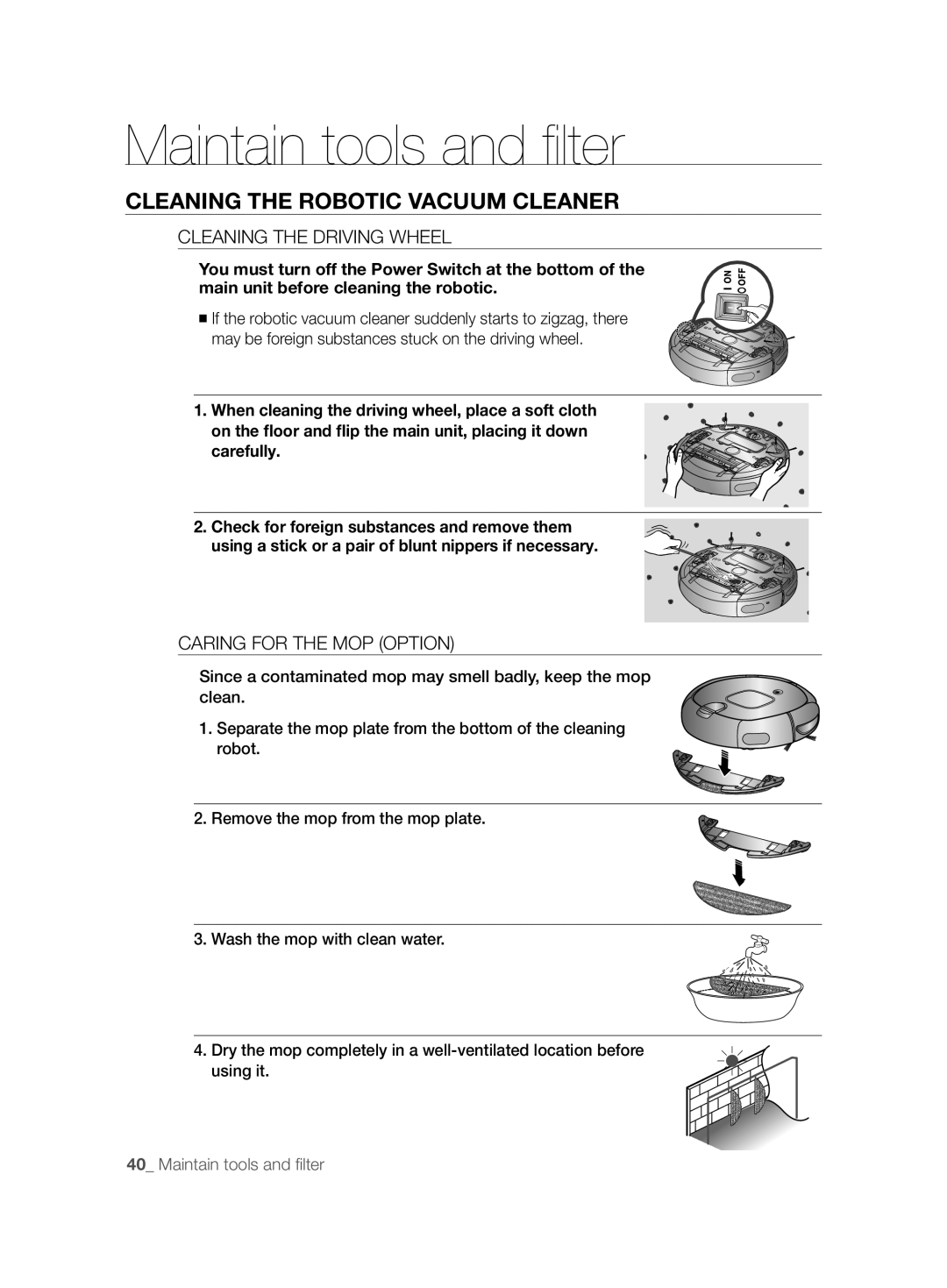 Samsung VCR8874T3B/XET manual Cleaning the Driving Wheel, Caring for the MOP Option 