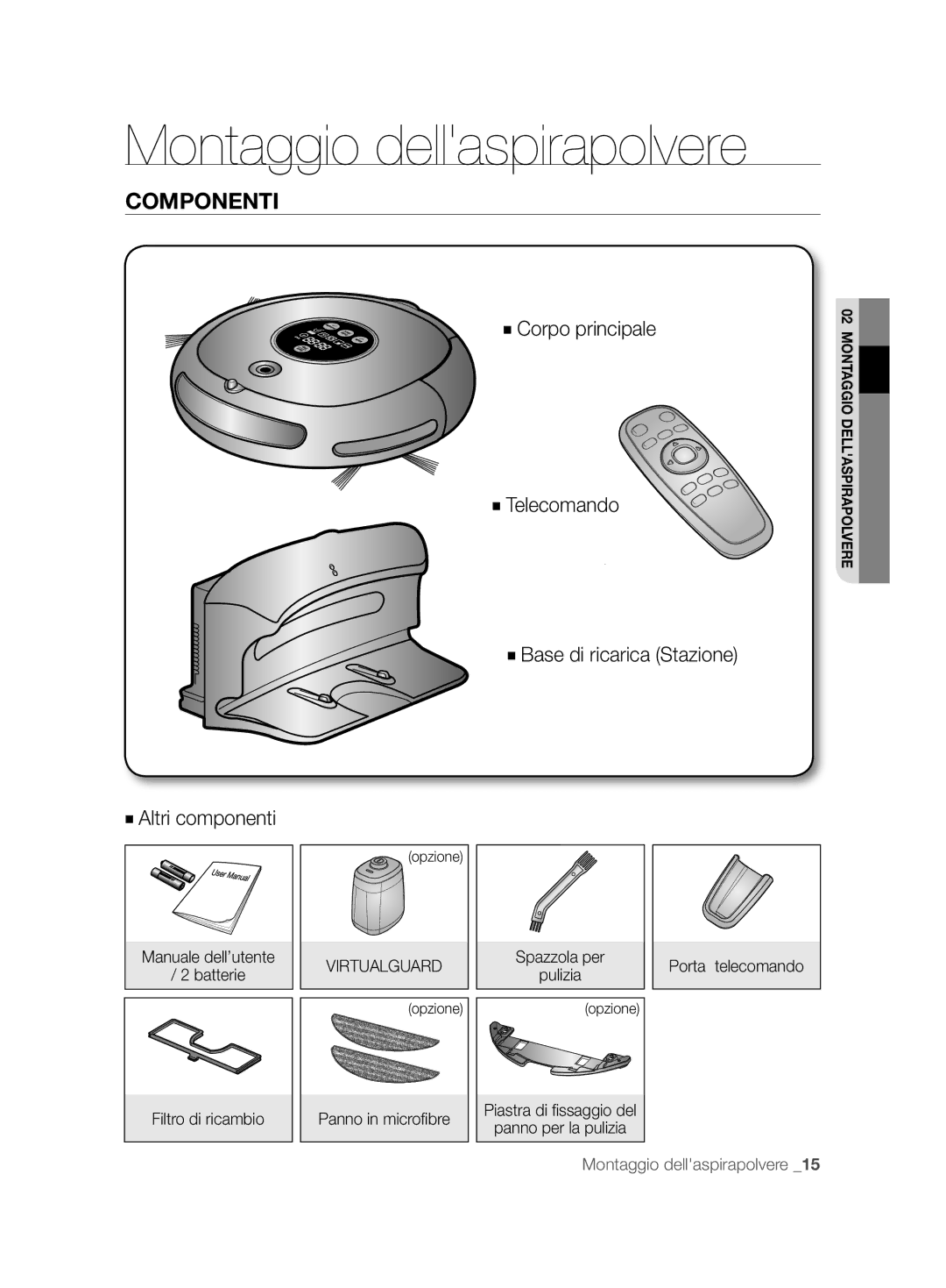 Samsung VCR8874T3B/XET manual Montaggio dellaspirapolvere, Componenti, Manuale dell’utente Batterie Filtro di ricambio 