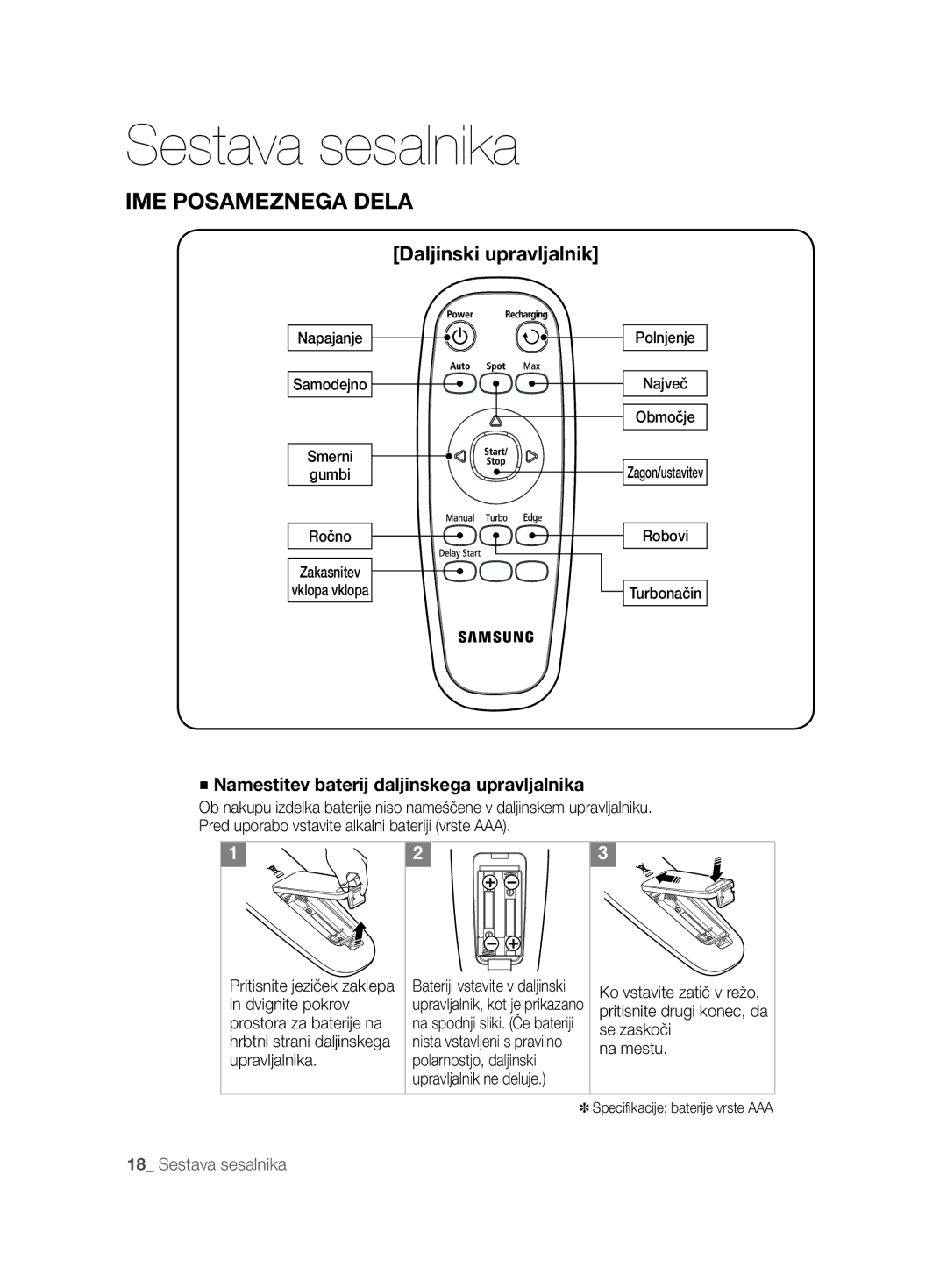 Samsung VCR8874T3B/XET manual Daljinski upravljalnik, Namestitev baterij daljinskega upravljalnika 