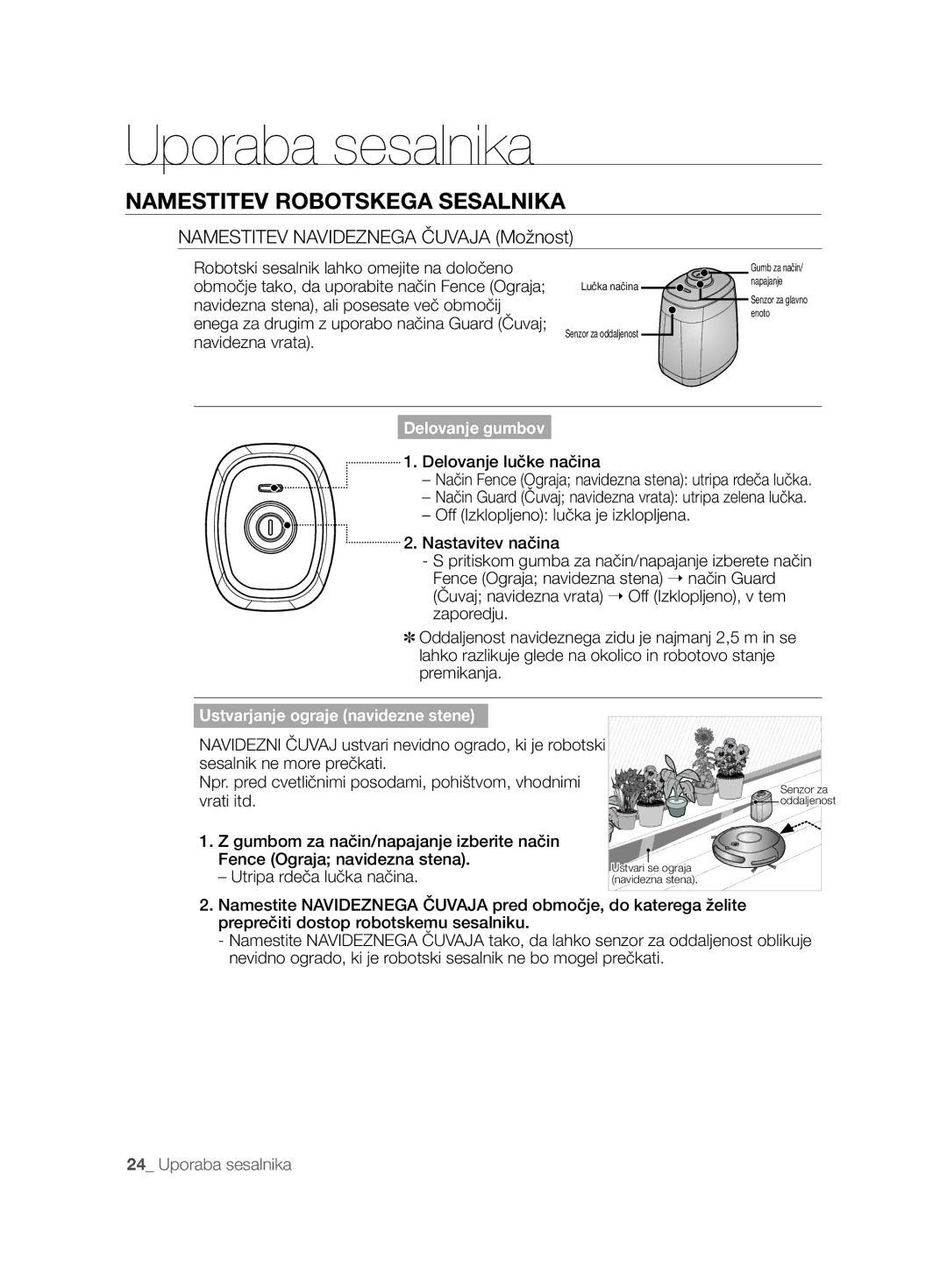 Samsung VCR8874T3B/XET manual Delovanje gumbov, Ustvarjanje ograje navidezne stene, Sesalnik ne more prečkati 