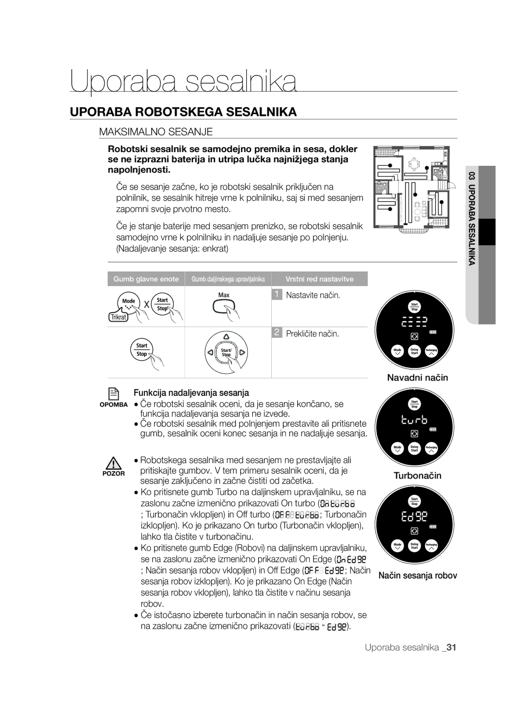 Samsung VCR8874T3B/XET manual Maksimalno Sesanje, Sesanje zaključeno in začne čistiti od začetka 