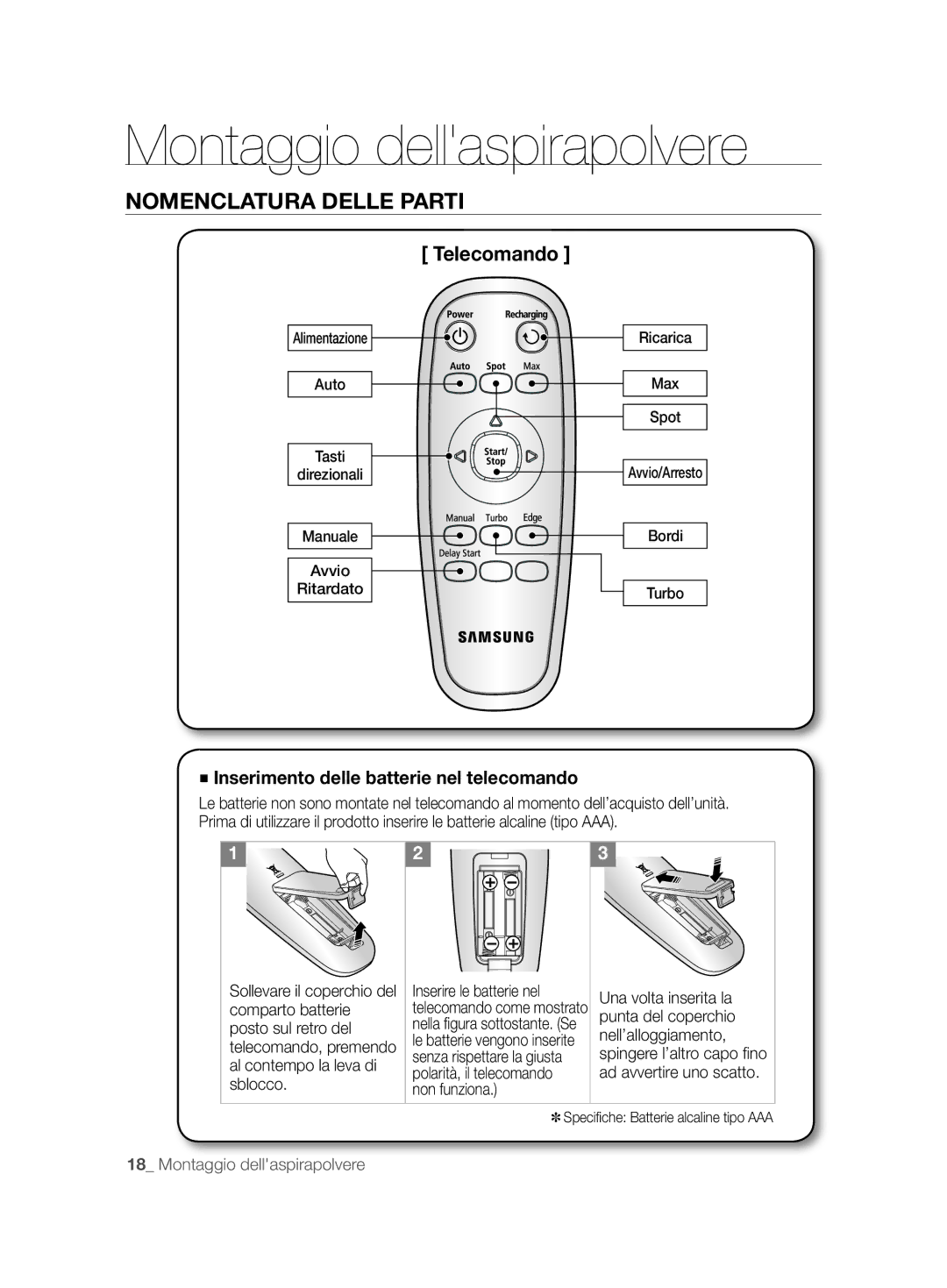 Samsung VCR8874T3B/XET manual Telecomando, Inserimento delle batterie nel telecomando 