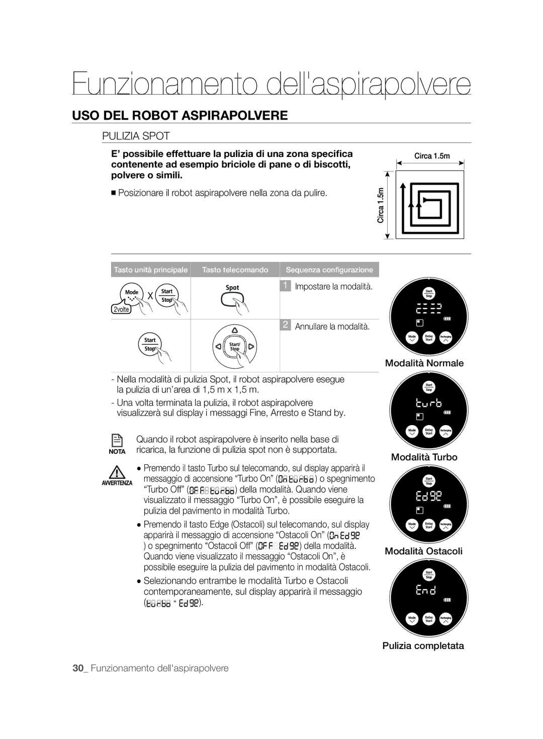 Samsung VCR8874T3B/XET manual Pulizia Spot, Posizionare il robot aspirapolvere nella zona da pulire 