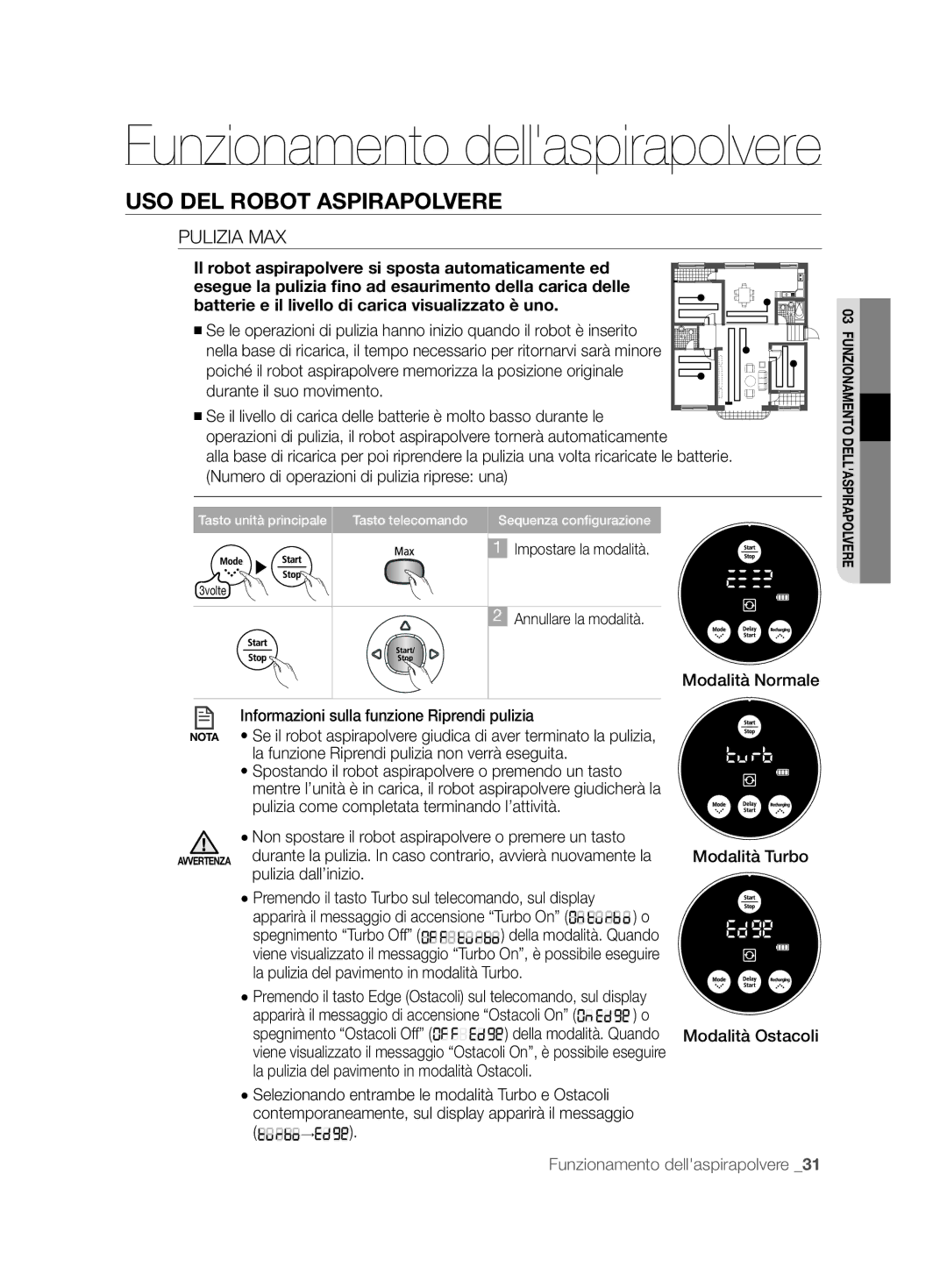 Samsung VCR8874T3B/XET manual Pulizia MAX, Modalità Normale Modalità Turbo Modalità Ostacoli 