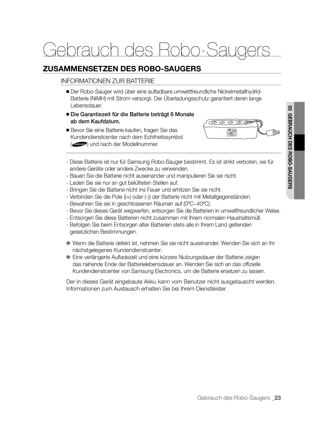 Samsung VCR8874T3B/XET manual Informationen ZUR Batterie 