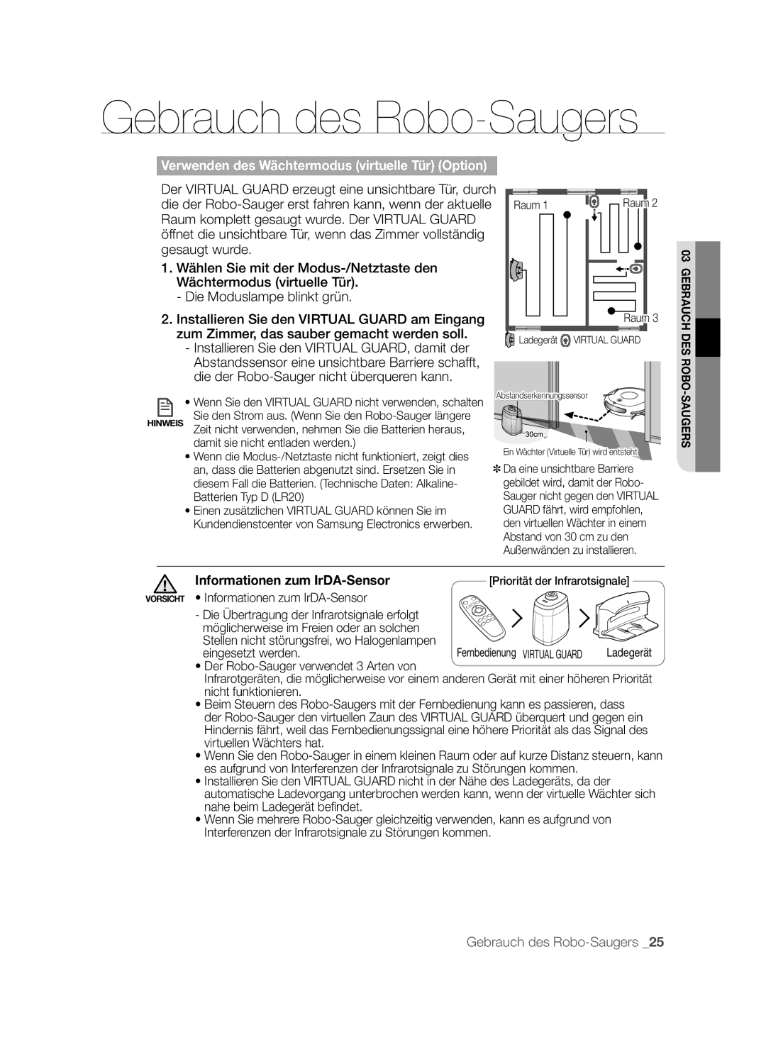 Samsung VCR8874T3B/XET manual Verwenden des Wächtermodus virtuelle Tür Option, Informationen zum IrDA-Sensor 