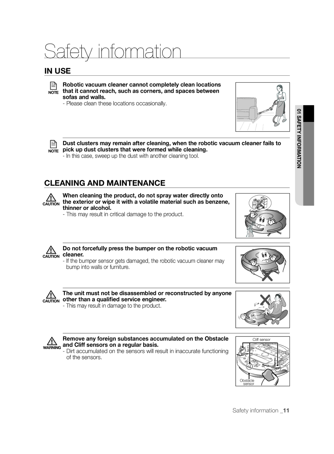 Samsung VCR8875T3A/SML Cleaning and Maintenance, Sofas and walls, Do not forcefully press the bumper on the robotic vacuum 