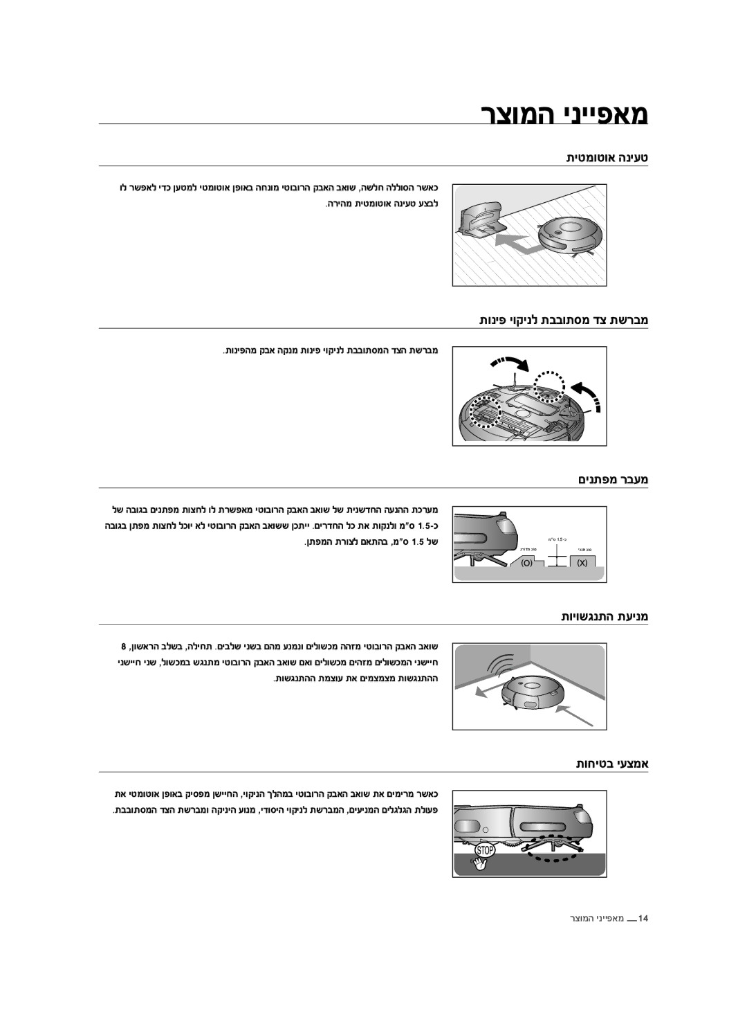 Samsung VCR8875T3A/SML manual תיטמוטוא הניעט, תוניפ יוקינל תבבותסמ דצ תשרבמ, םינתפמ רבעמ, תויושגנתה תעינמ, תוחיטב יעצמא 