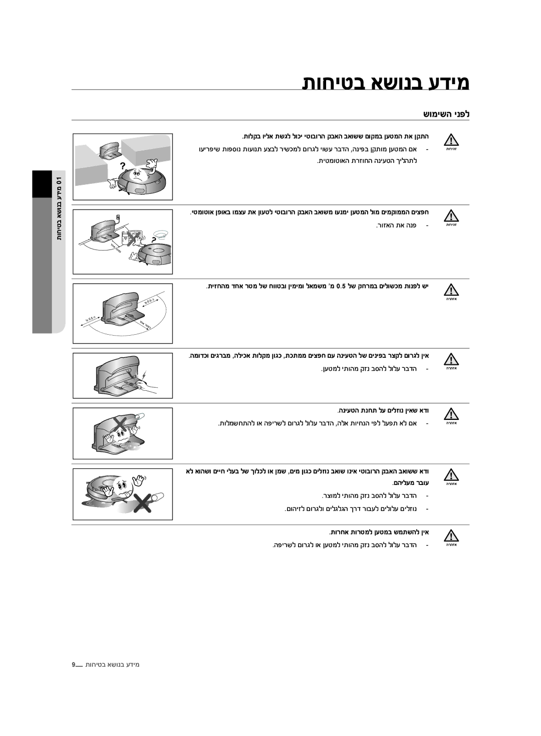 Samsung VCR8875T3A/XEF manual שומישה ינפל, הניעטה תנחת לע םילזונ ןיאש אדו, םהילעמ רבוע, תורחא תורטמל ןעטמב שמתשהל ןיא 