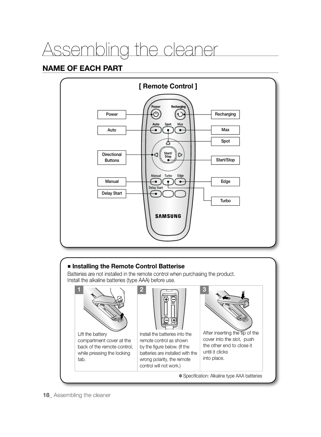 Samsung VCR8875T3A/XEF, VCR8875T3A/SML manual Installing the Remote Control Batterise 