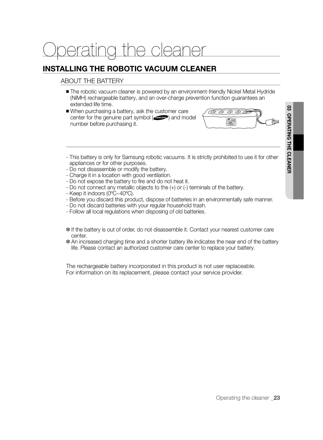 Samsung VCR8875T3A/SML, VCR8875T3A/XEF manual About the Battery 