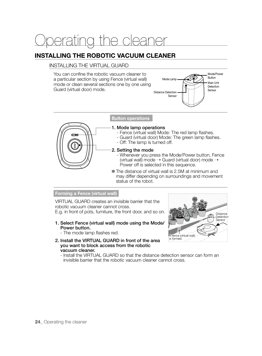 Samsung VCR8875T3A/XEF, VCR8875T3A/SML manual Installing the Virtual Guard, Select Fence virtual wall mode using the Mode 