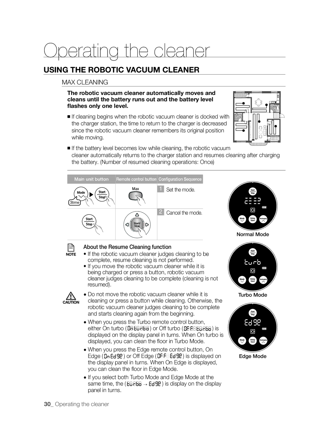 Samsung VCR8875T3A/XEF manual MAX Cleaning, Starts cleaning again from the beginning, Normal Mode Turbo Mode Edge Mode 