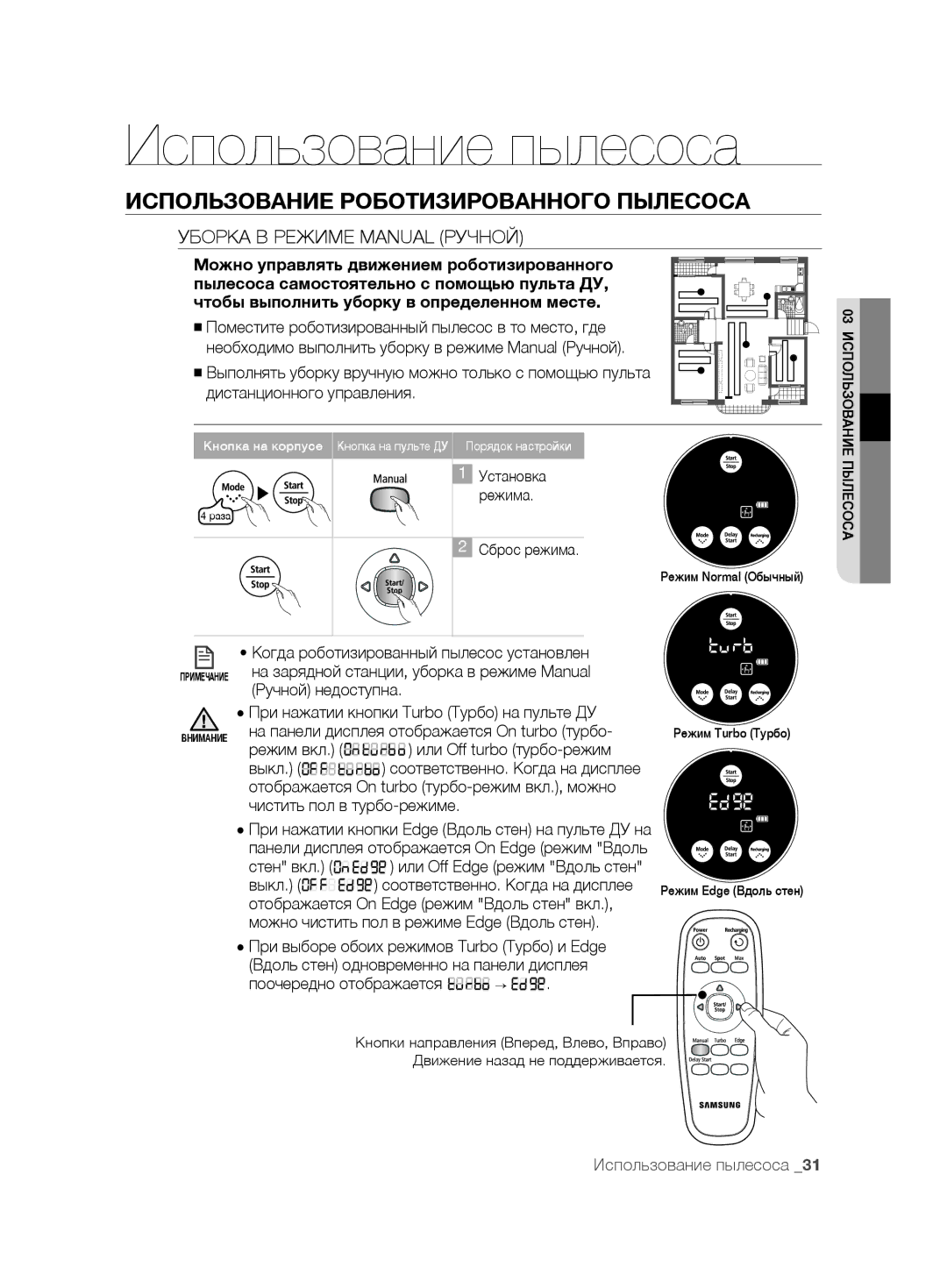 Samsung VCR8875T3A/SML manual Уборка В Режиме Manual Ручной, На панели дисплея отображается On turbo турбо, Стен вкл 